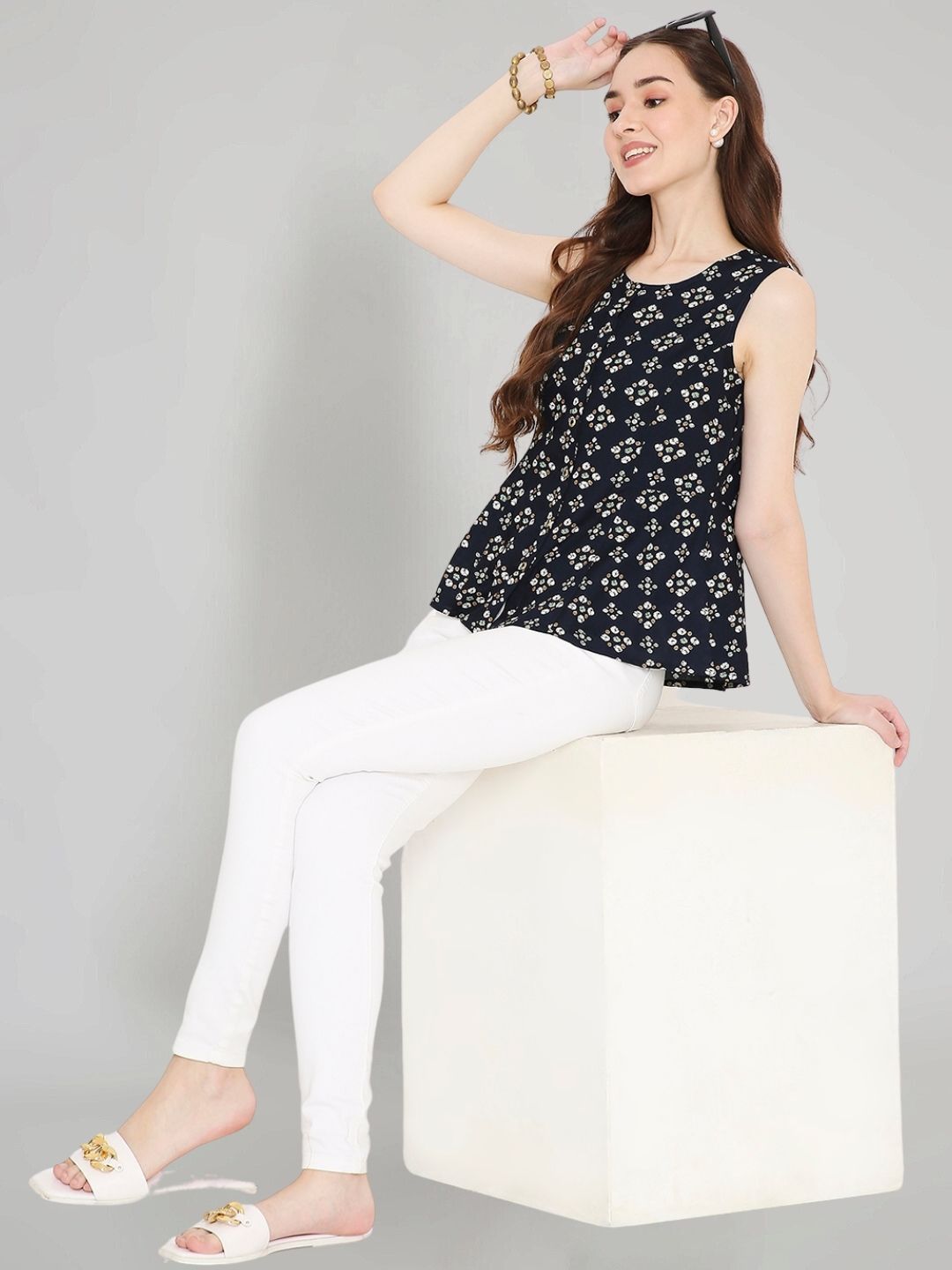 Navy Blue Rayon Bandhani Printed A-line Panelled Top