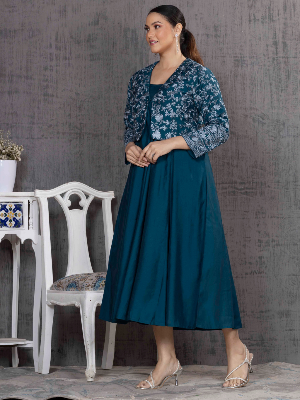 Teal Parsi Gara Emb Jacket With Dress Set