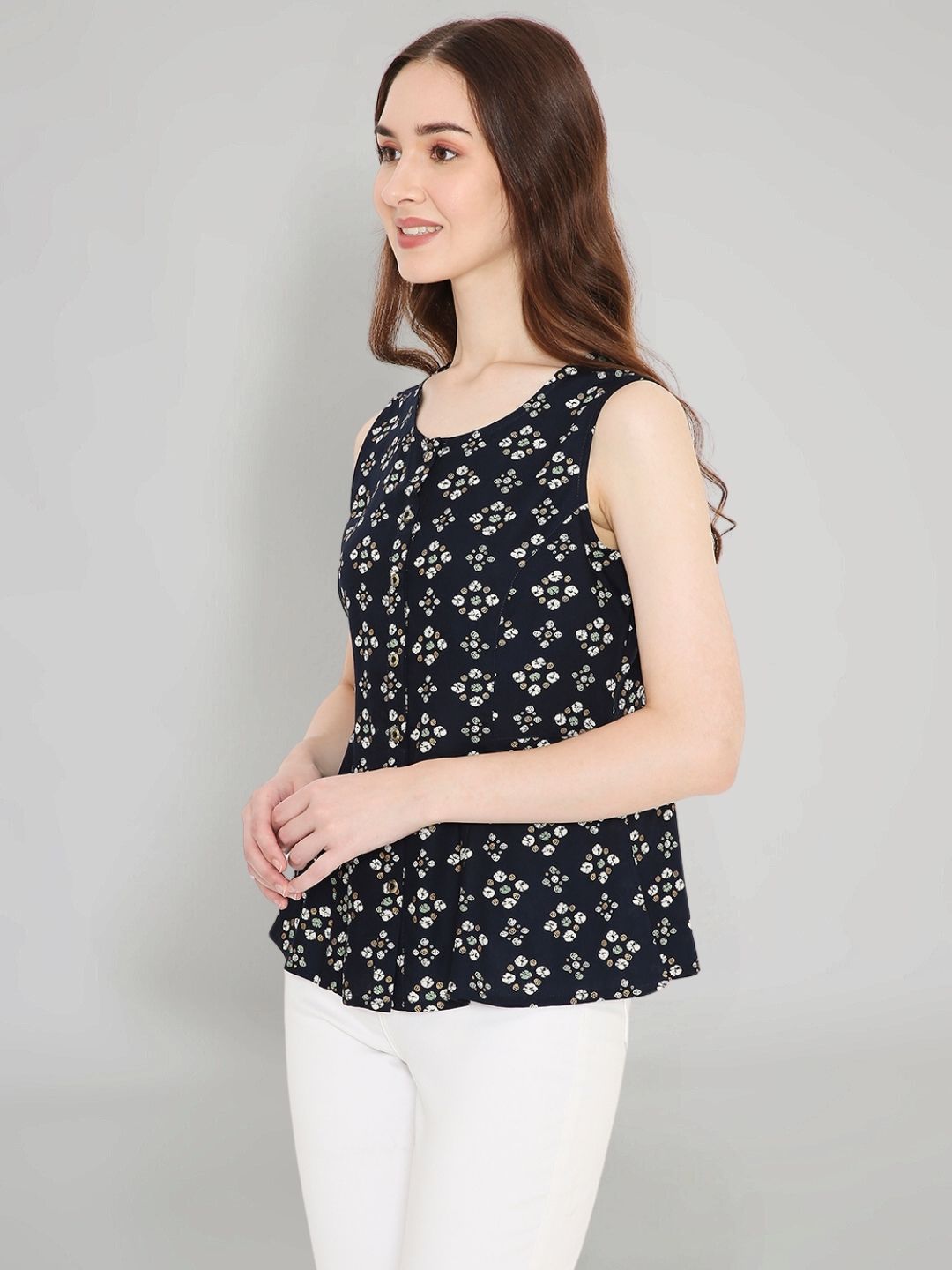 Navy Blue Rayon Bandhani Printed A-line Panelled Top
