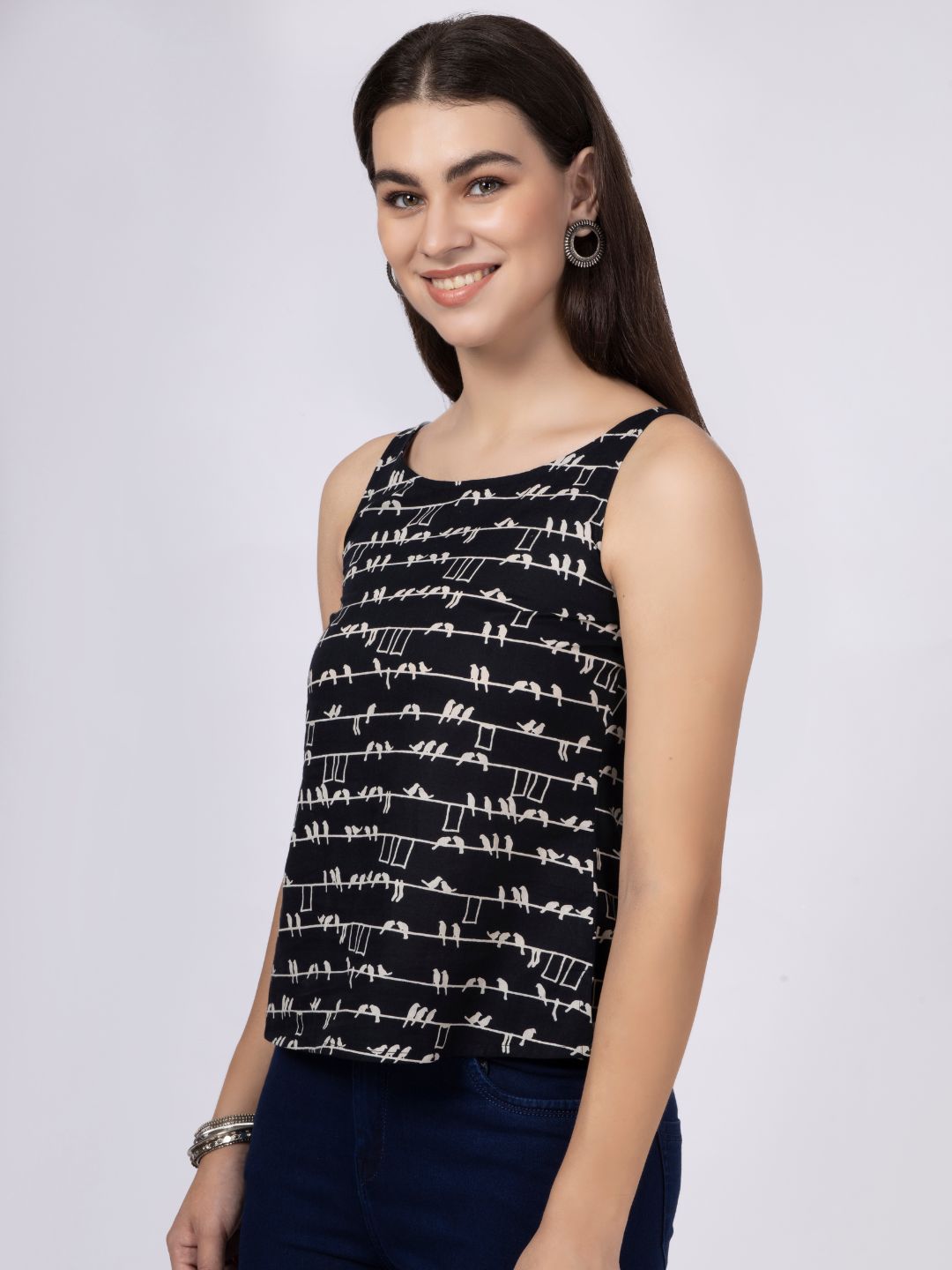 Black Bird Printed Sleeveless Top with Back Button-Down Placket