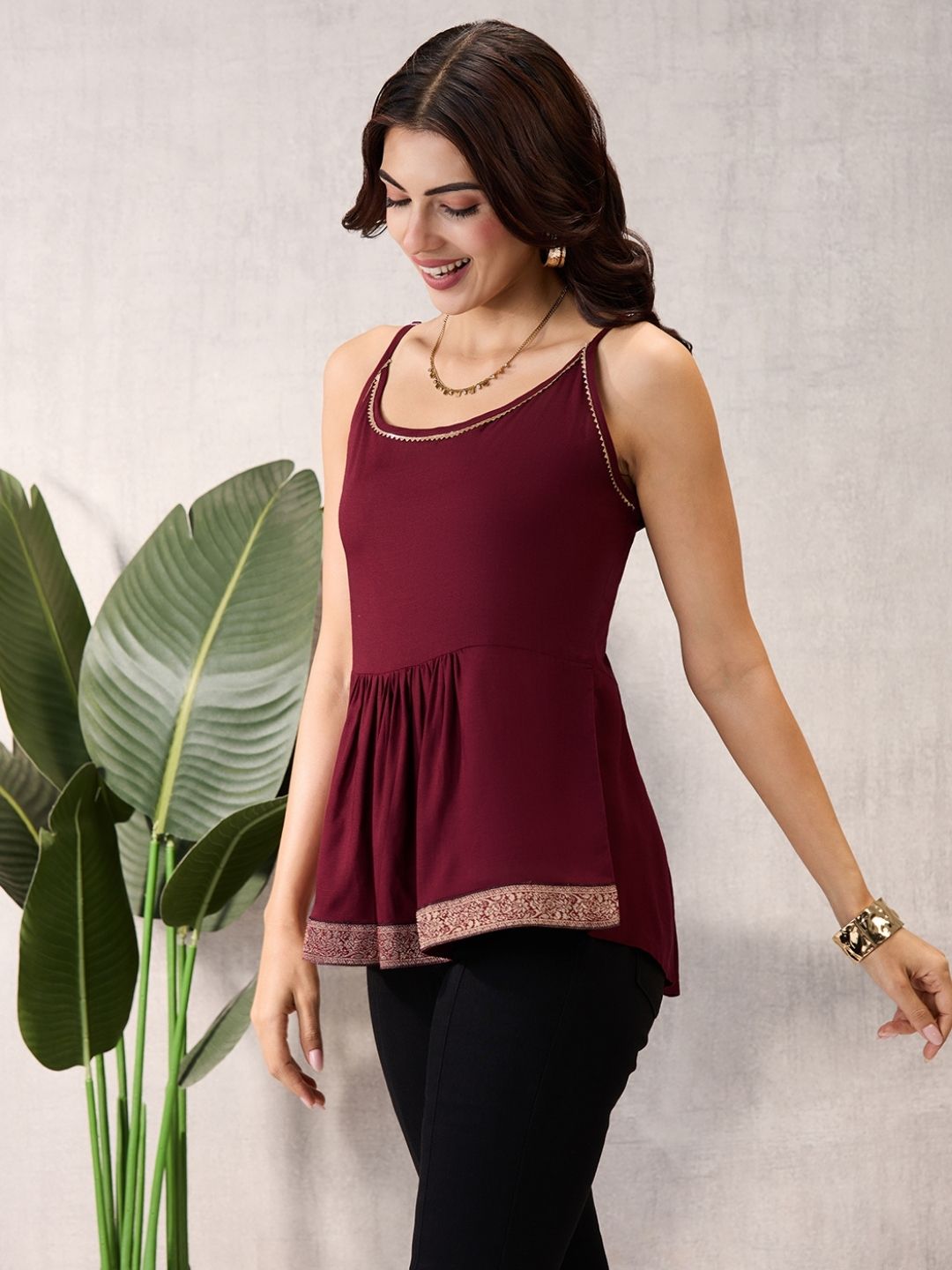 Wine Sleeveless Peplum Top with Lace Border
