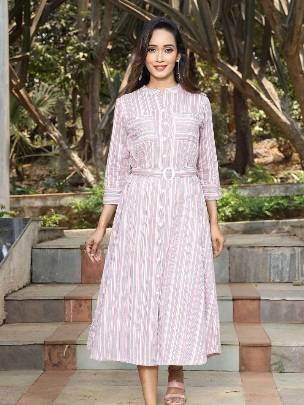 Pink Striped Print Cotton Dress with Belt Buckle