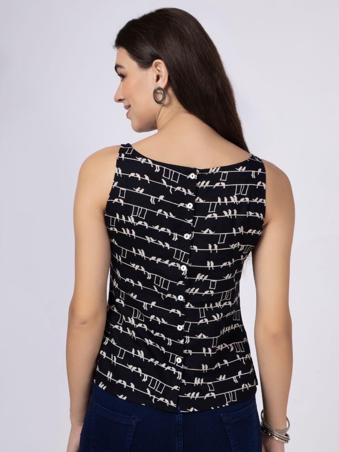 Black Bird Printed Sleeveless Top with Back Button-Down Placket