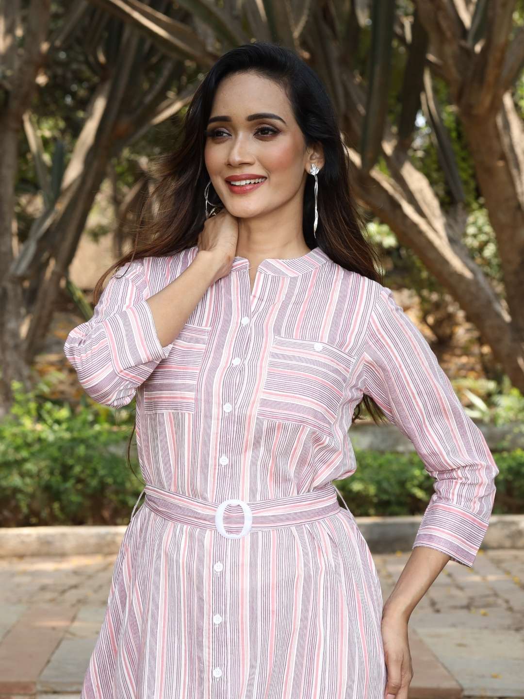 Pink Striped Print Cotton Dress with Belt Buckle