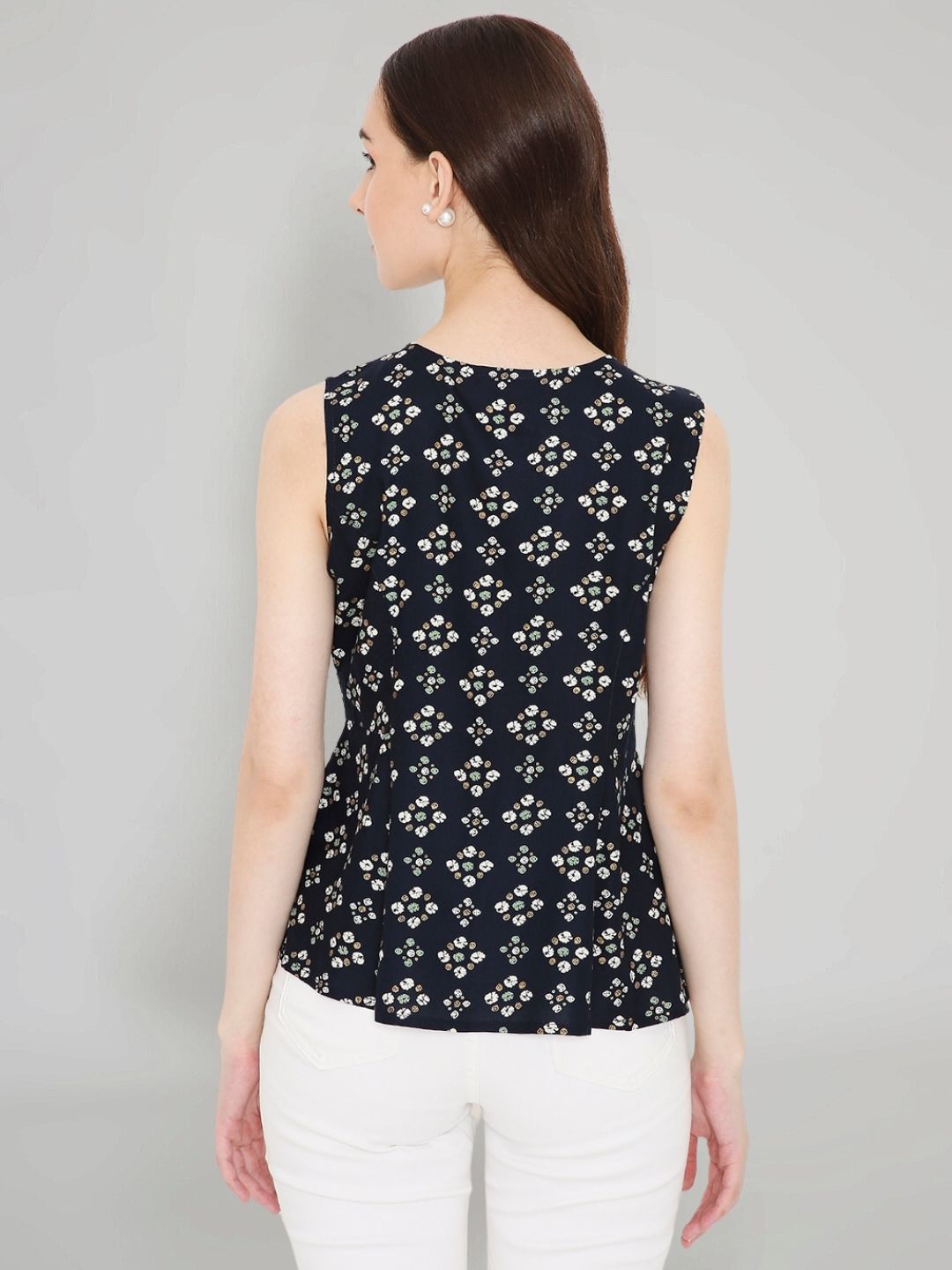 Navy Blue Rayon Bandhani Printed A-line Panelled Top