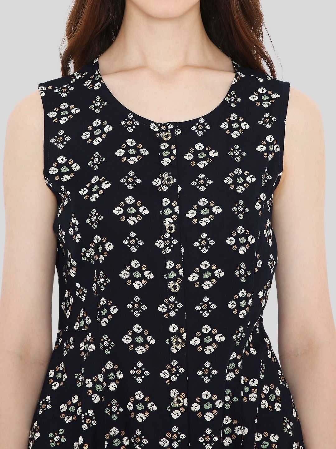 Navy Blue Rayon Bandhani Printed A-line Panelled Top