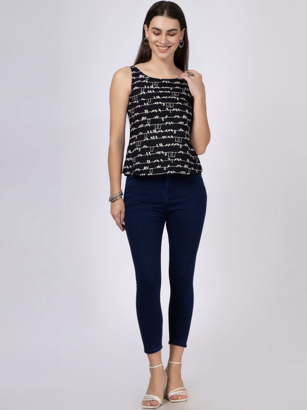 Black Bird Printed Sleeveless Top with Back Button-Down Placket