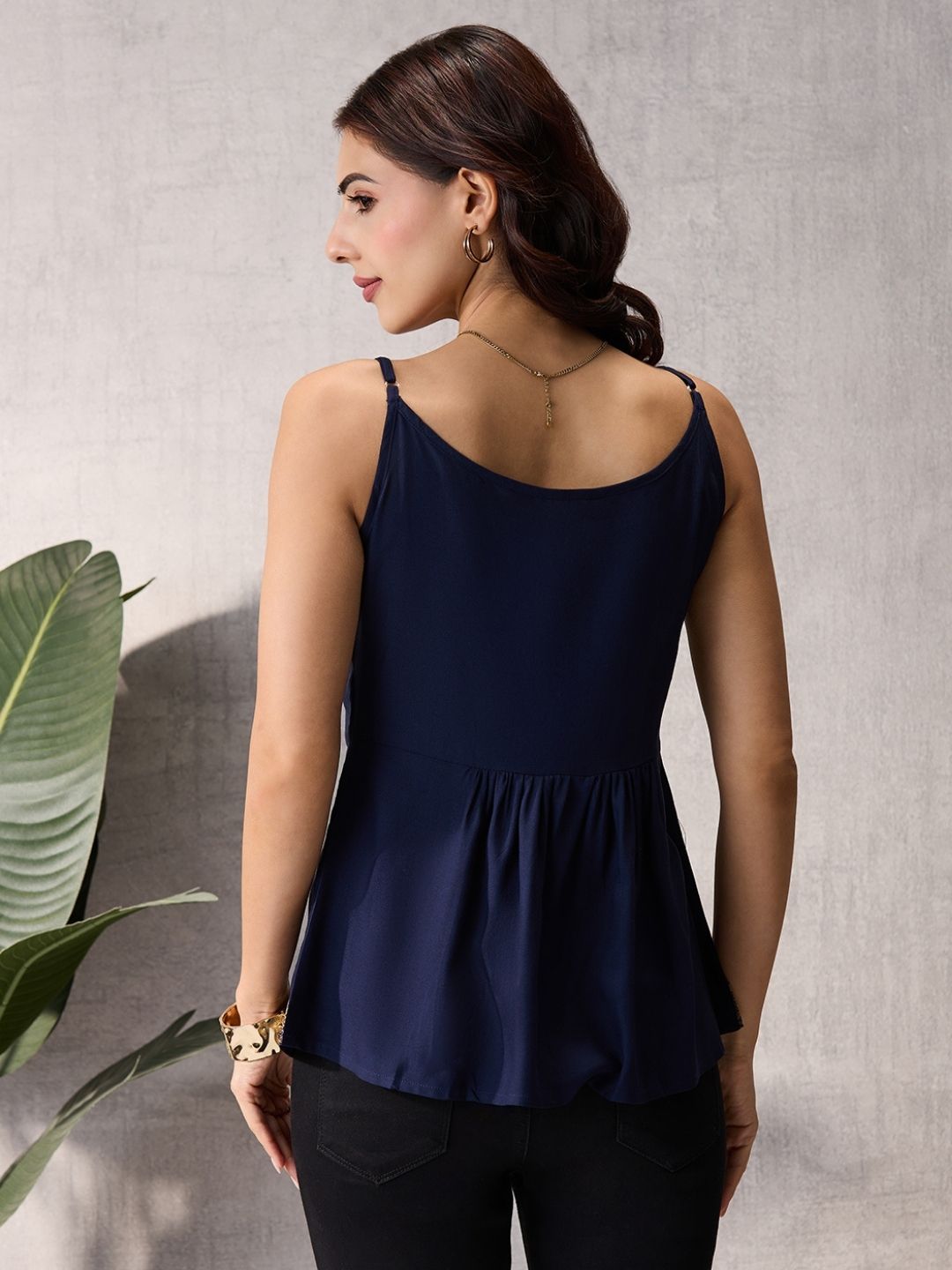 Navy Blue Sleeveless Peplum Top with Lace Border