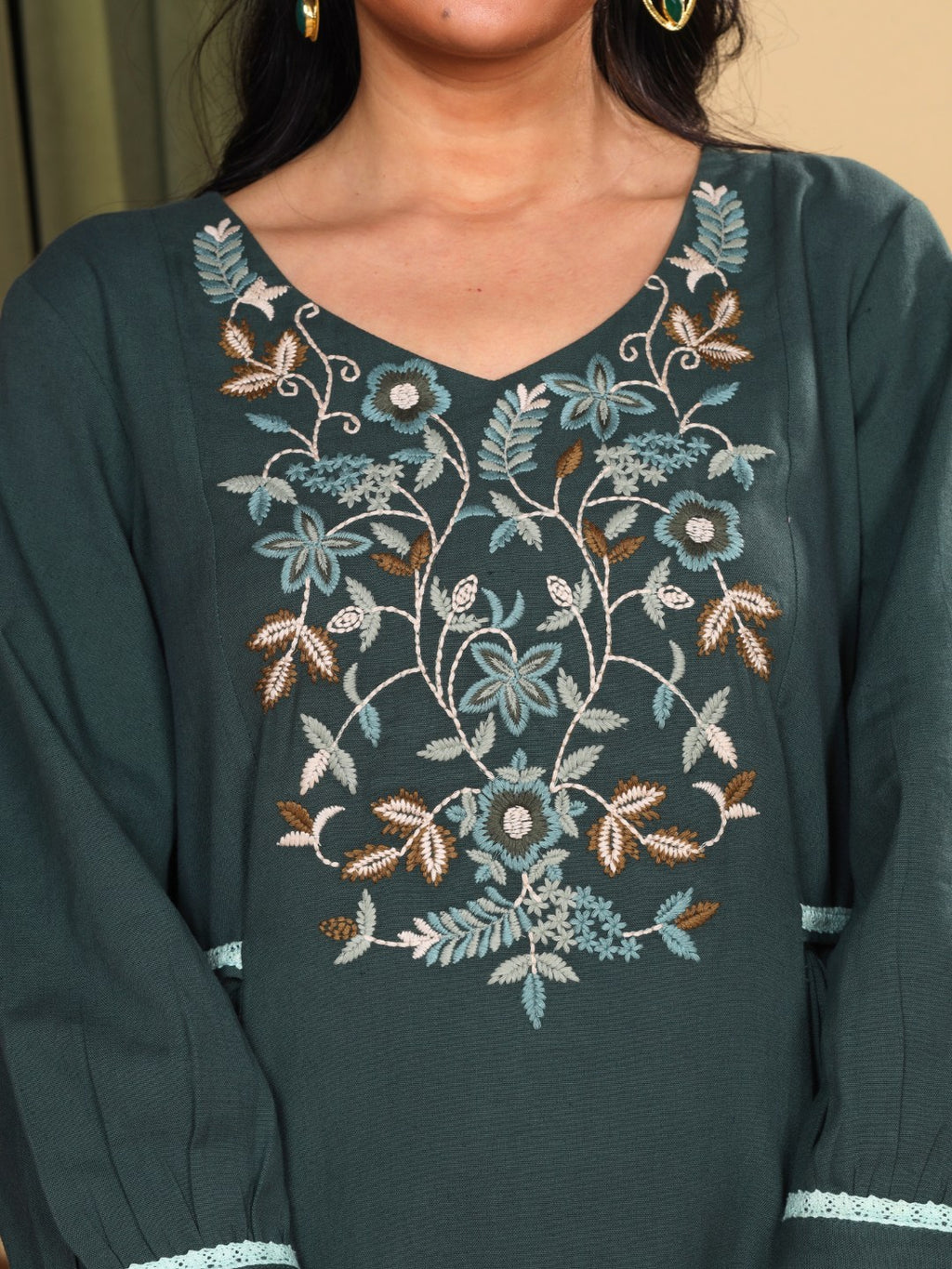 Hunter Green Embroidered Cotton-Linen Dress