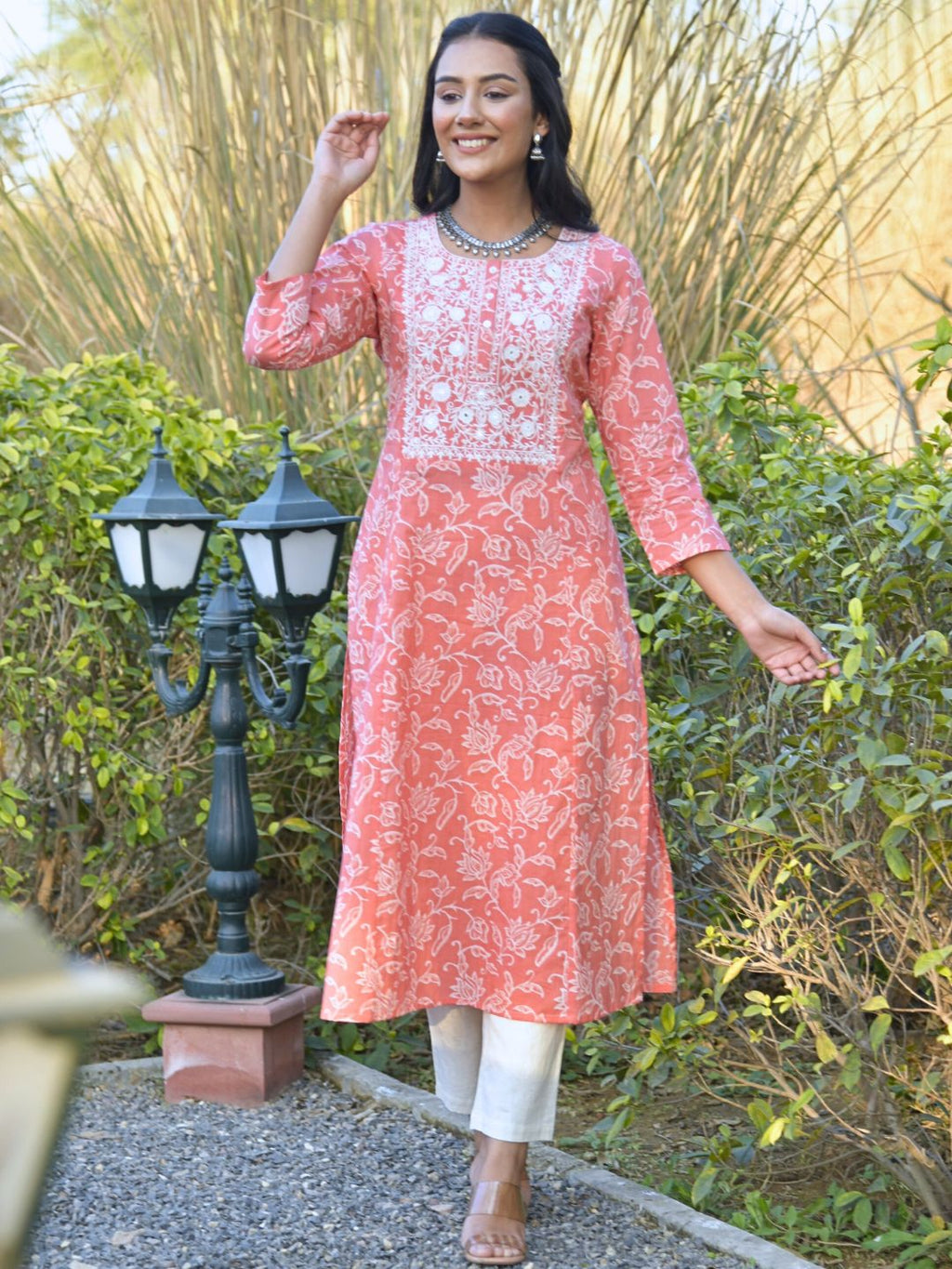 Coral Ethnic Floral Print Kurta with Chikankari Embroidery