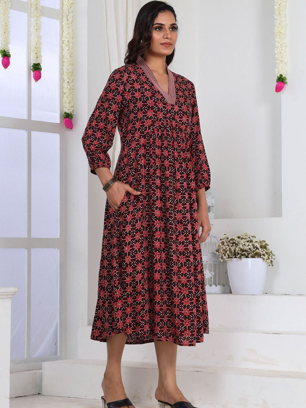 Wine Printed A-Line Dress with Embroidery and Pockets
