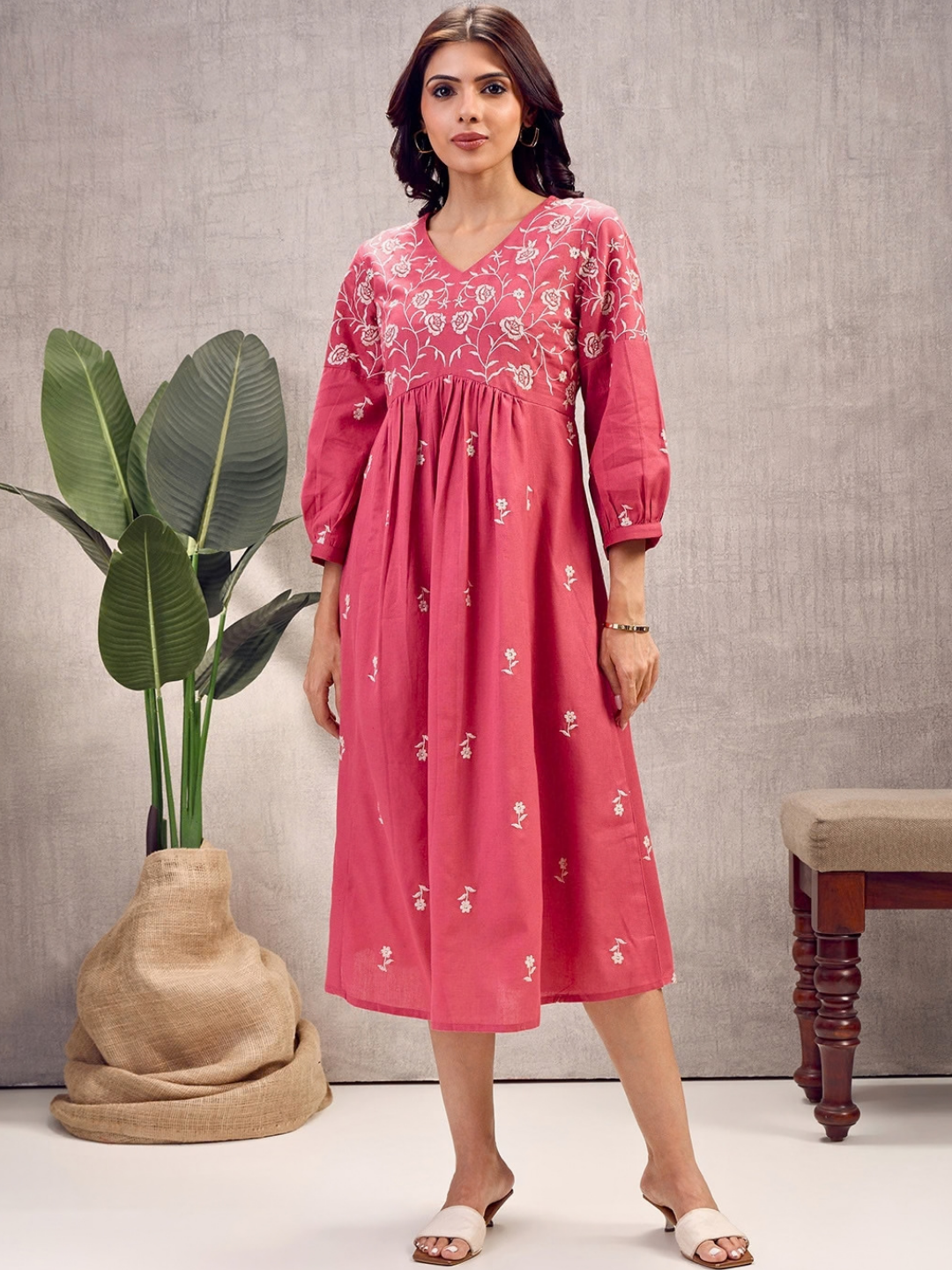 Coral Boho Embroidered Dress