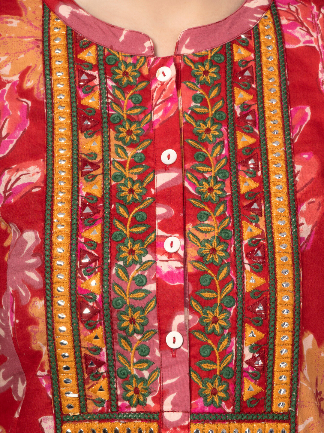 Red Cotton Printed Kurta with Embroidered Neck and Mirror Work