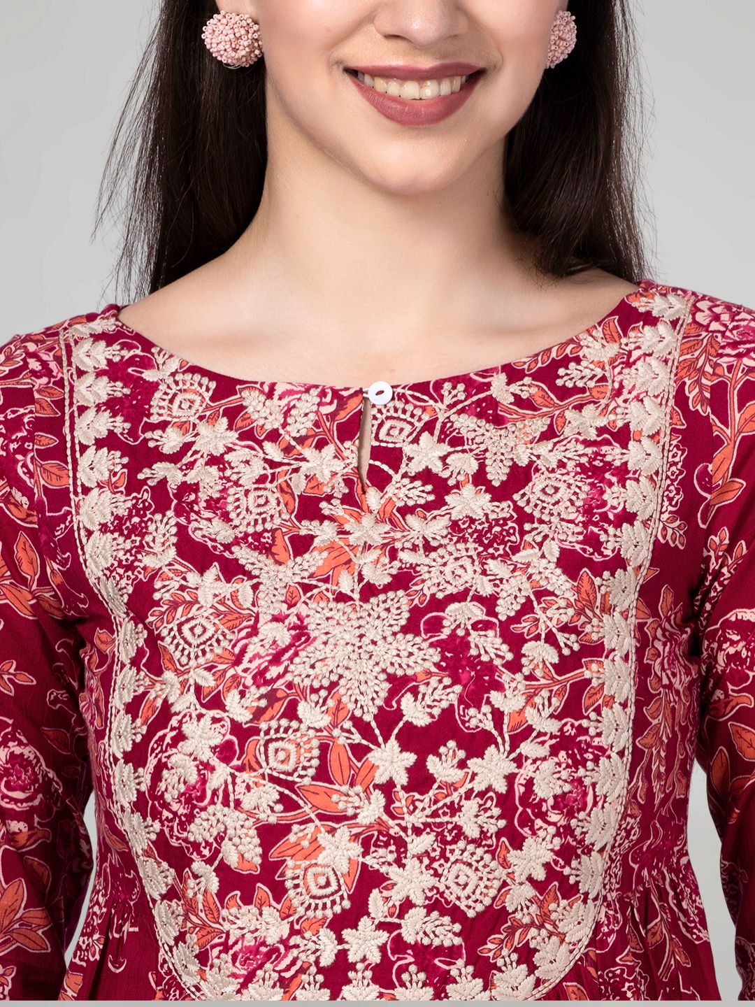 Red Floral Printed Kurta with Neck Embroidery