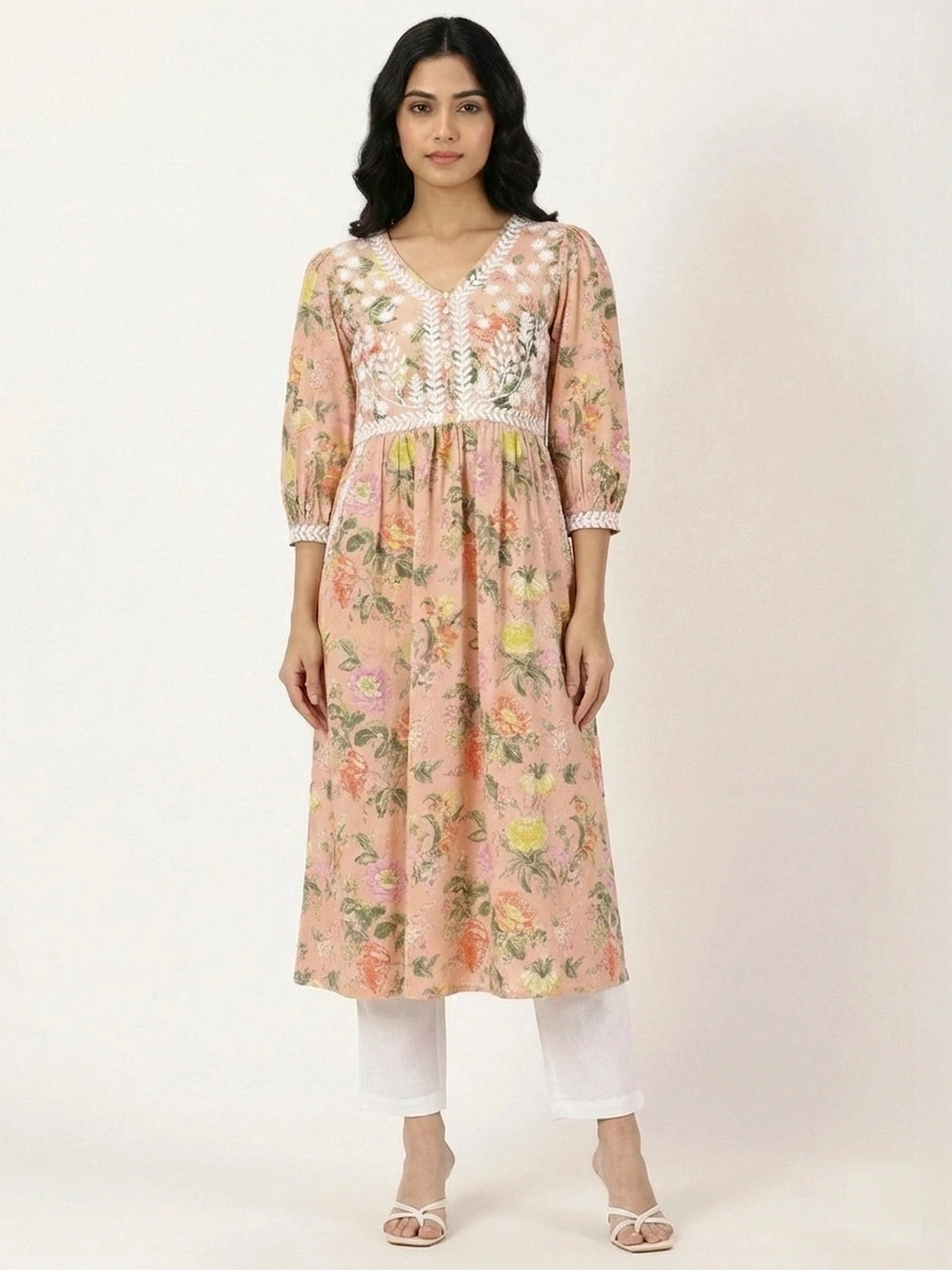 Peach Floral Print Kurta with Chikankari Embroidery