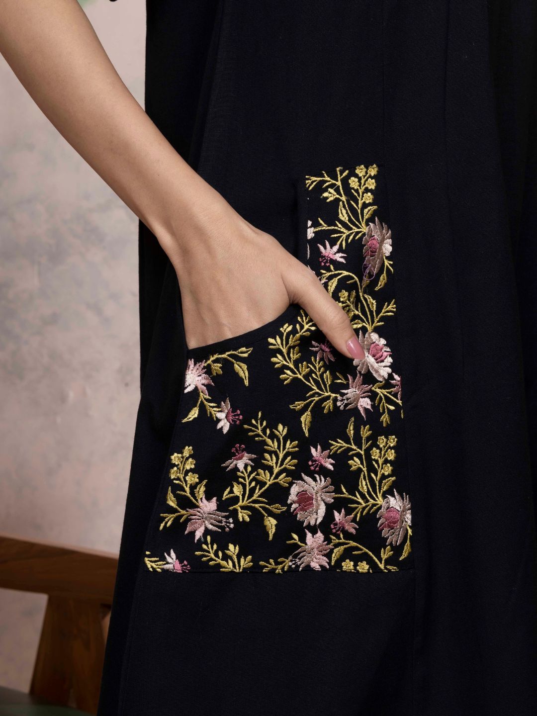 Midnight Black Cotton Linen Dress A-Line with Parsi Gara Inspired Embroidery