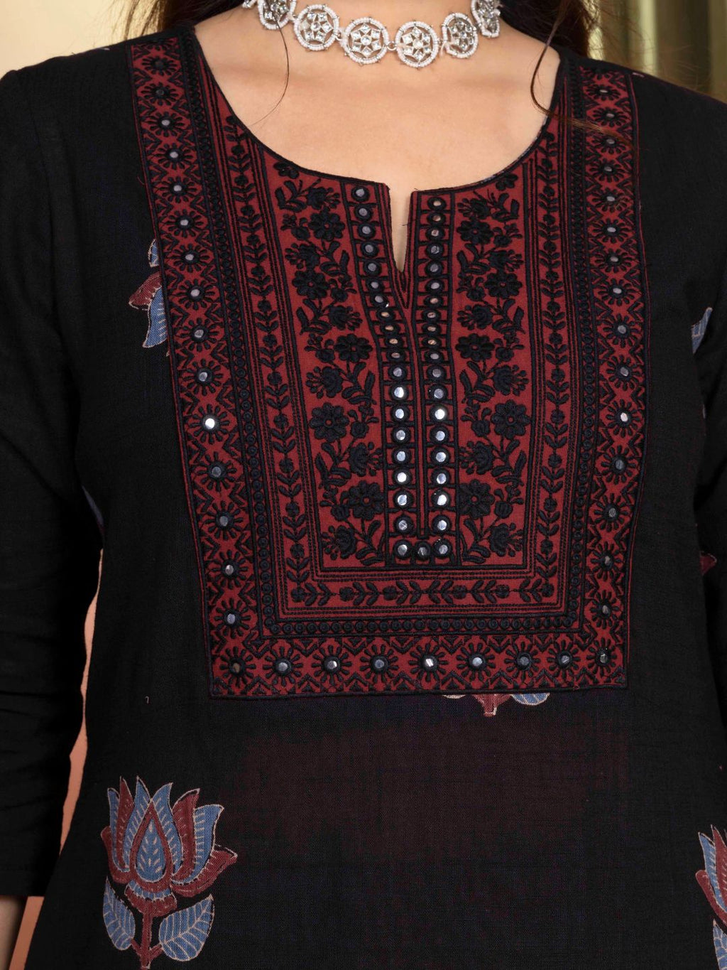 Midnight Black Cotton Motif Print Straight Kurta with Embroidered Neckline