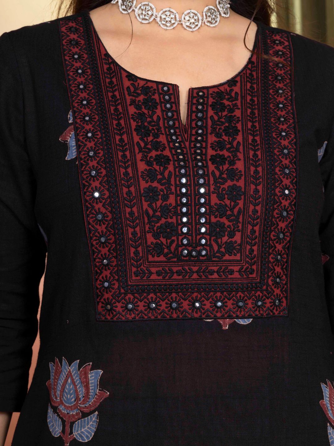 Midnight Black Cotton Motif Print Straight Kurta with Embroidered Neckline