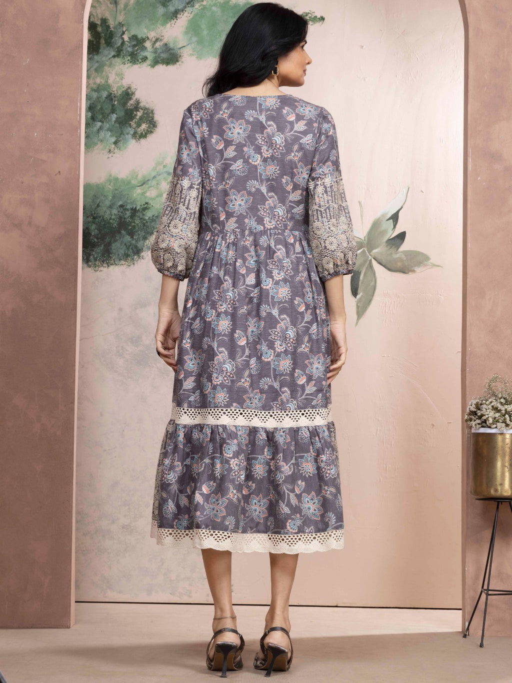 Fossil Grey Vintage Meadow Boho Tiered Dress