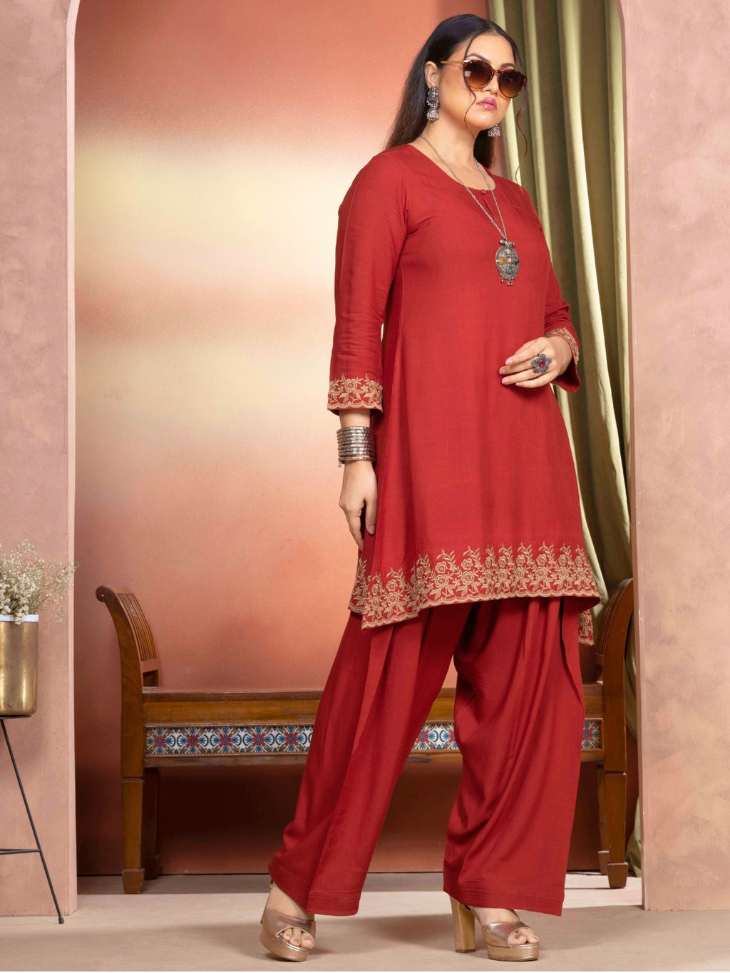Terracotta Rust Embroidered A-Line Kurta with Farshi Salwar