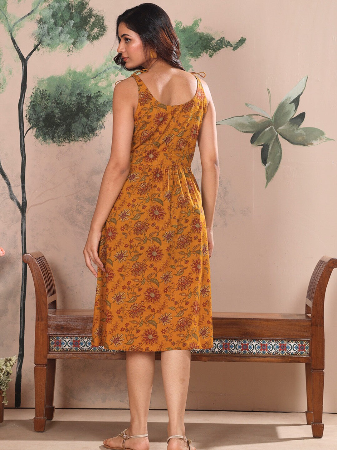Mustard Ornate Bloom Printed Cotton Fit & Flare Dress