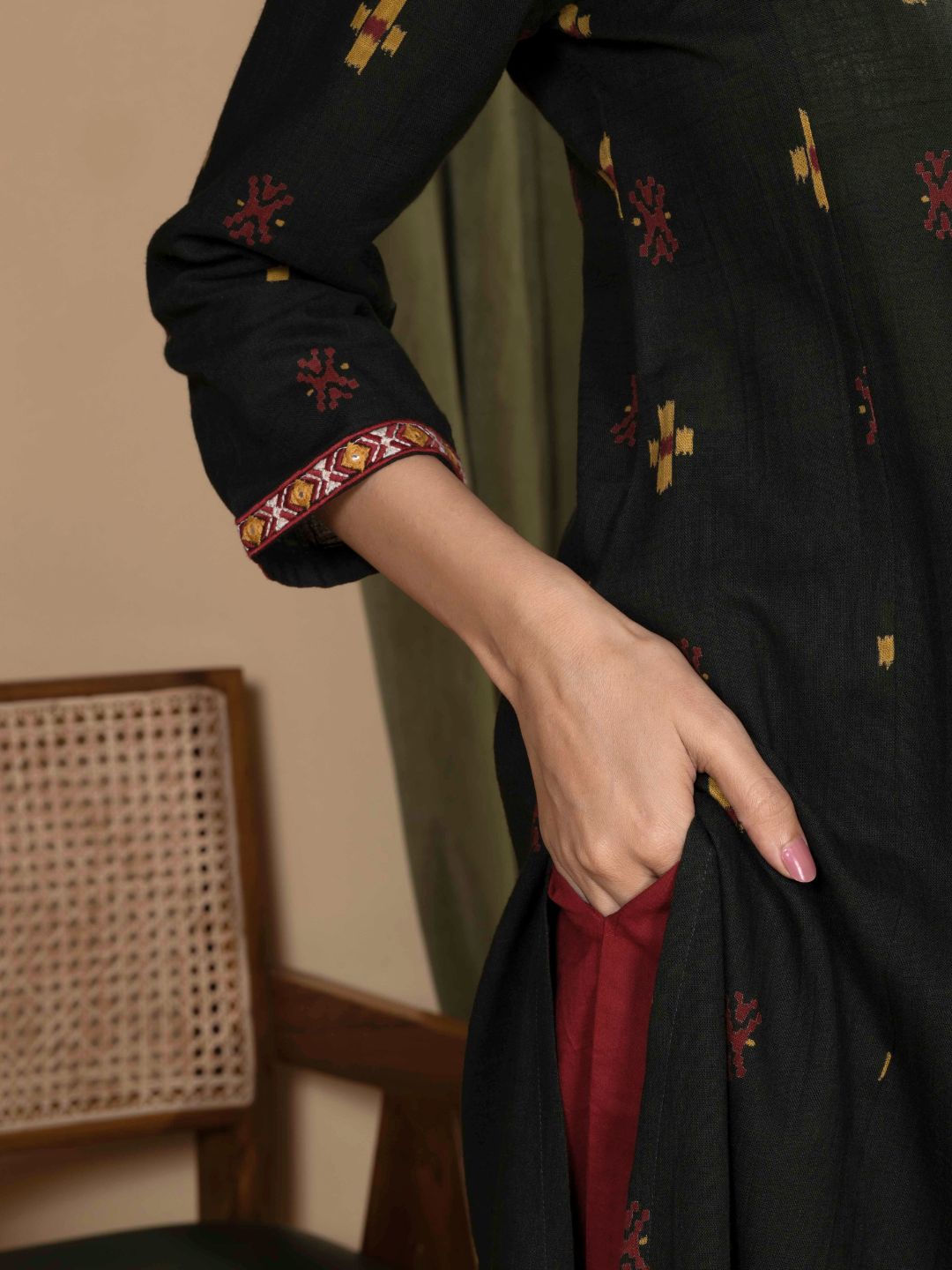 Forest Green Ikat Print Cotton Kurta with Embroidery