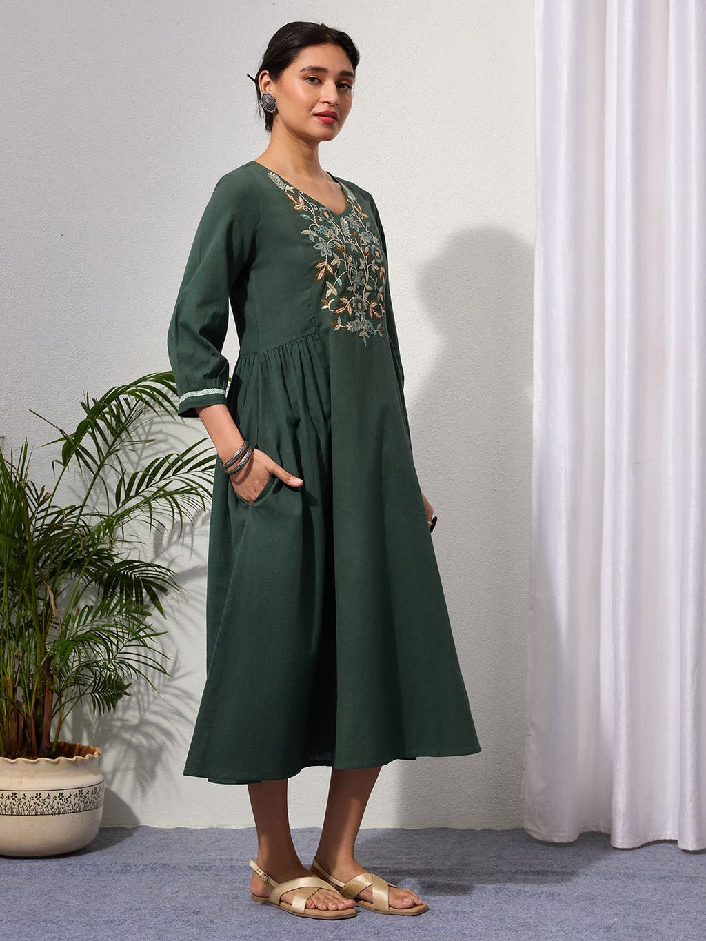 Hunter Green Embroidered Cotton-Linen Dress