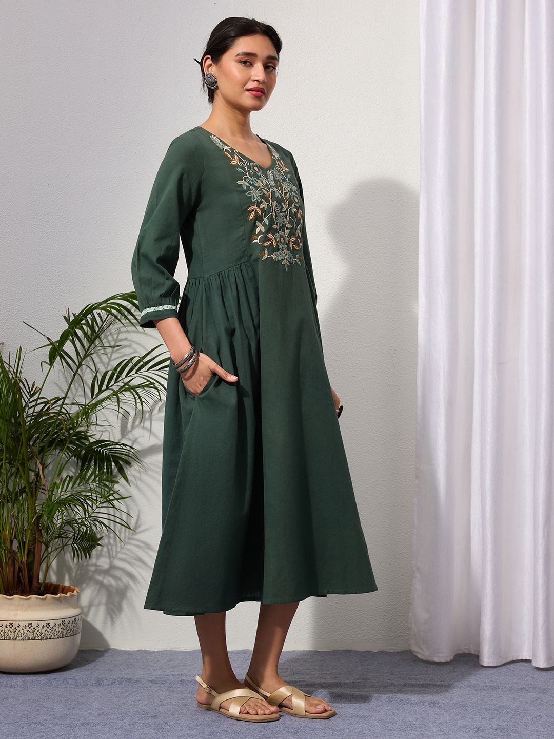 Hunter Green Embroidered Cotton-Linen Dress