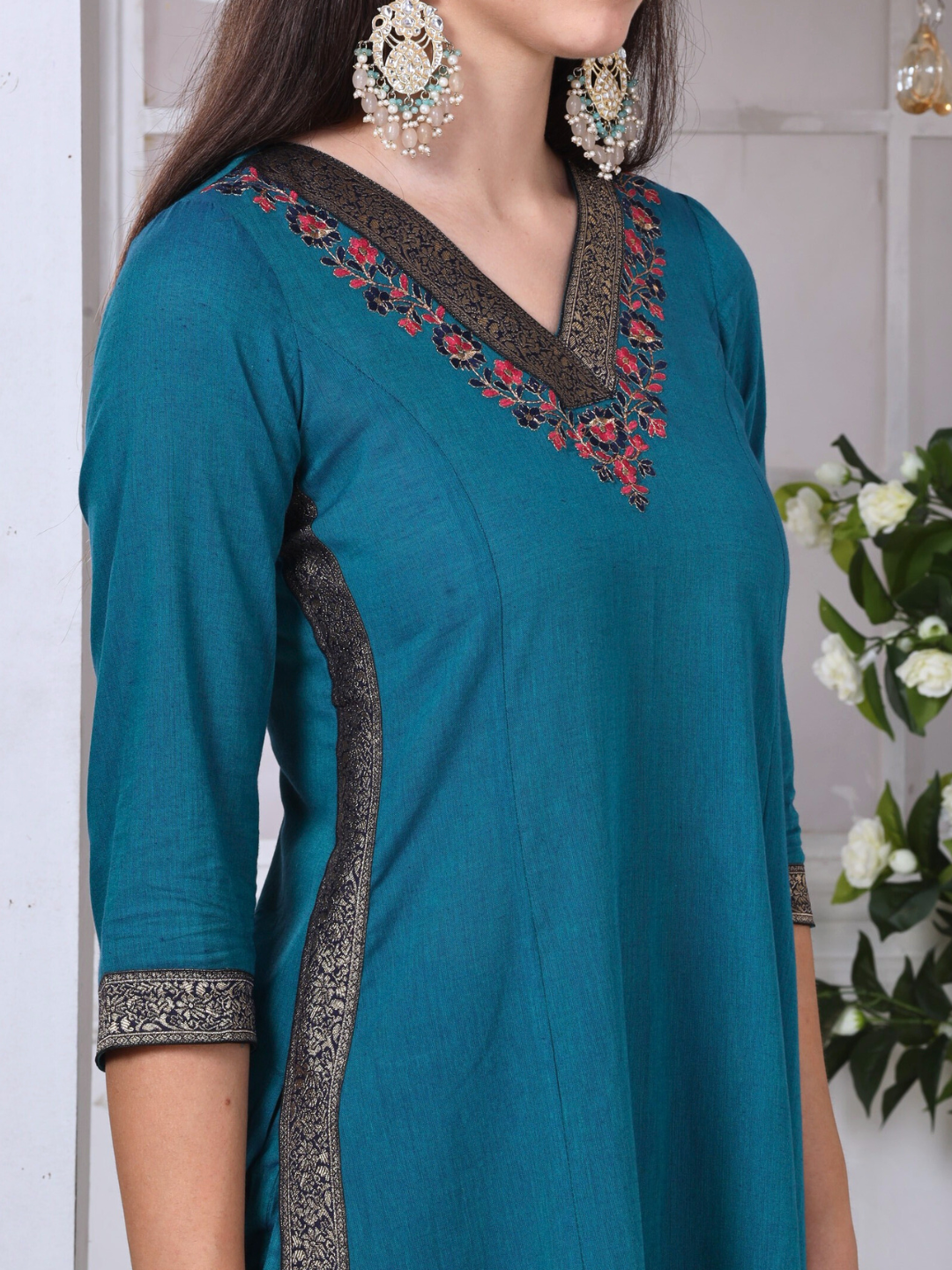 Blue Cotton Embroidered Kurta Set with Brocade Lace