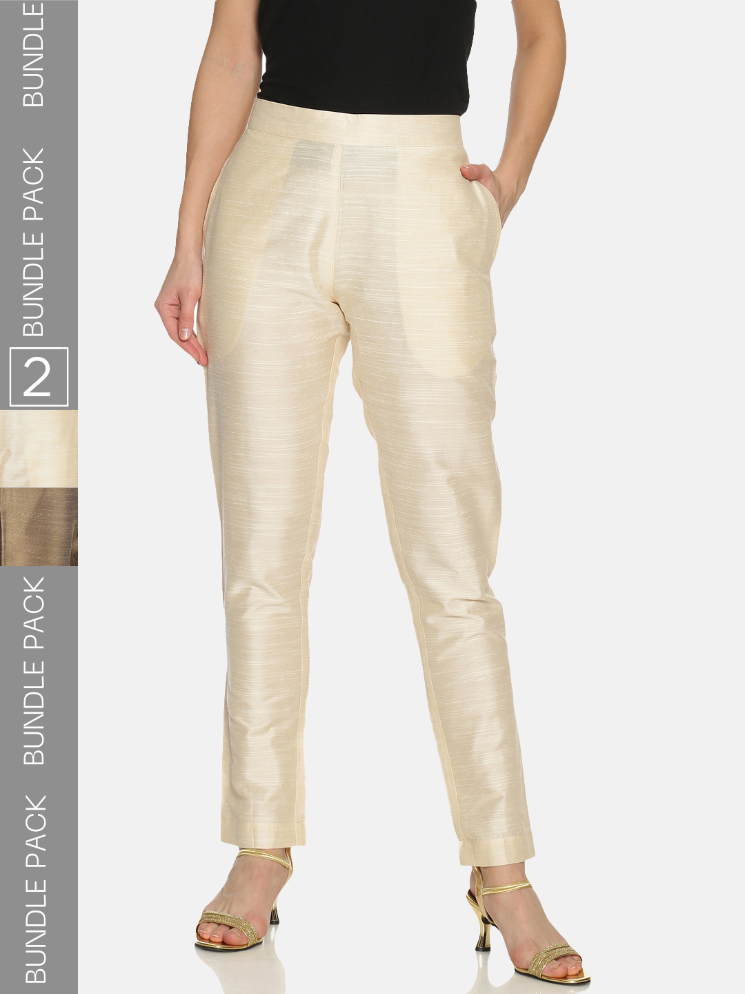 Pack of 2 Gold & Off White Art Silk Trousers