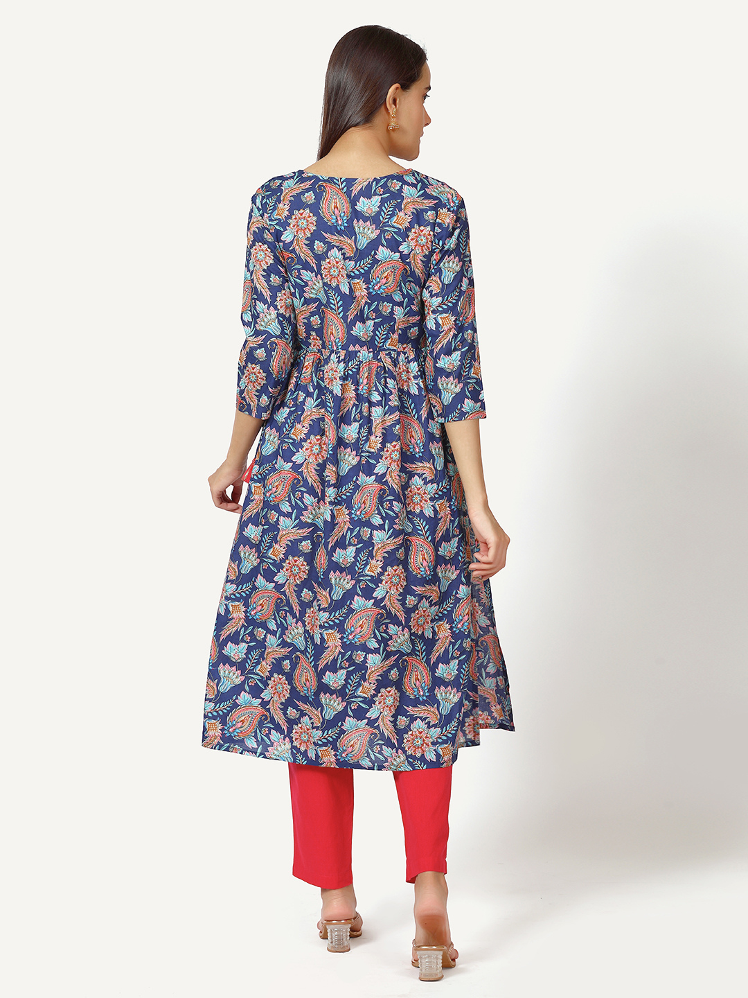 Navy Blue Paisley Print Angrakha Kurta with Mirror Embroidery and Gathers