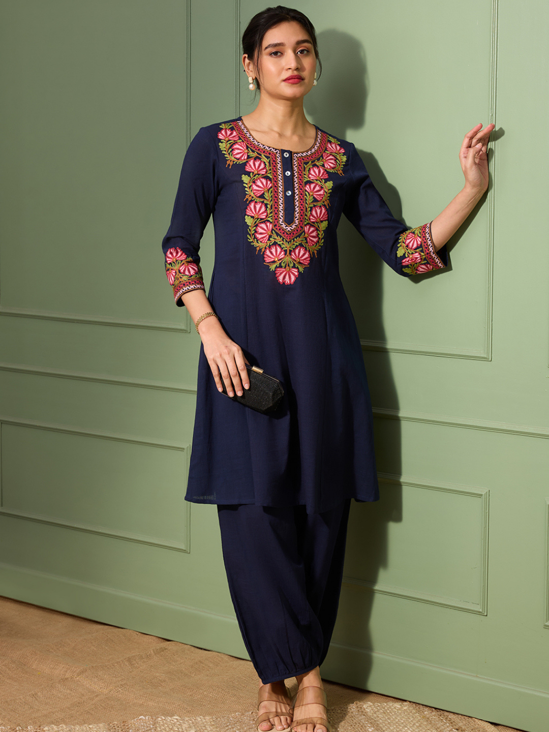 Deep Prussian Blue Kashida Embroidered A-Line Cotton Kurta Set with Afghani Salwar
