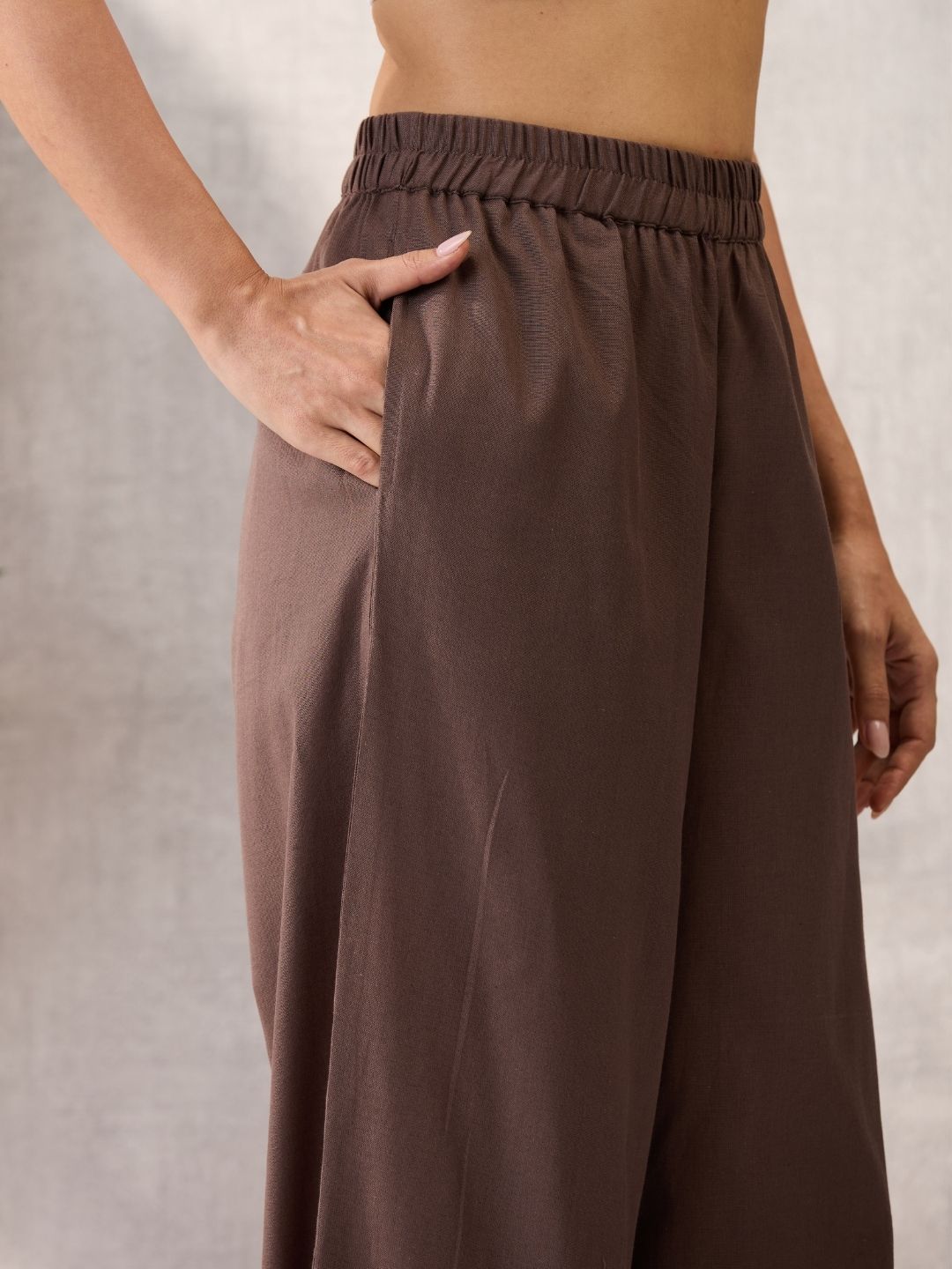 Brown Cotton Linen Piping Hem Palazzo with Pocket