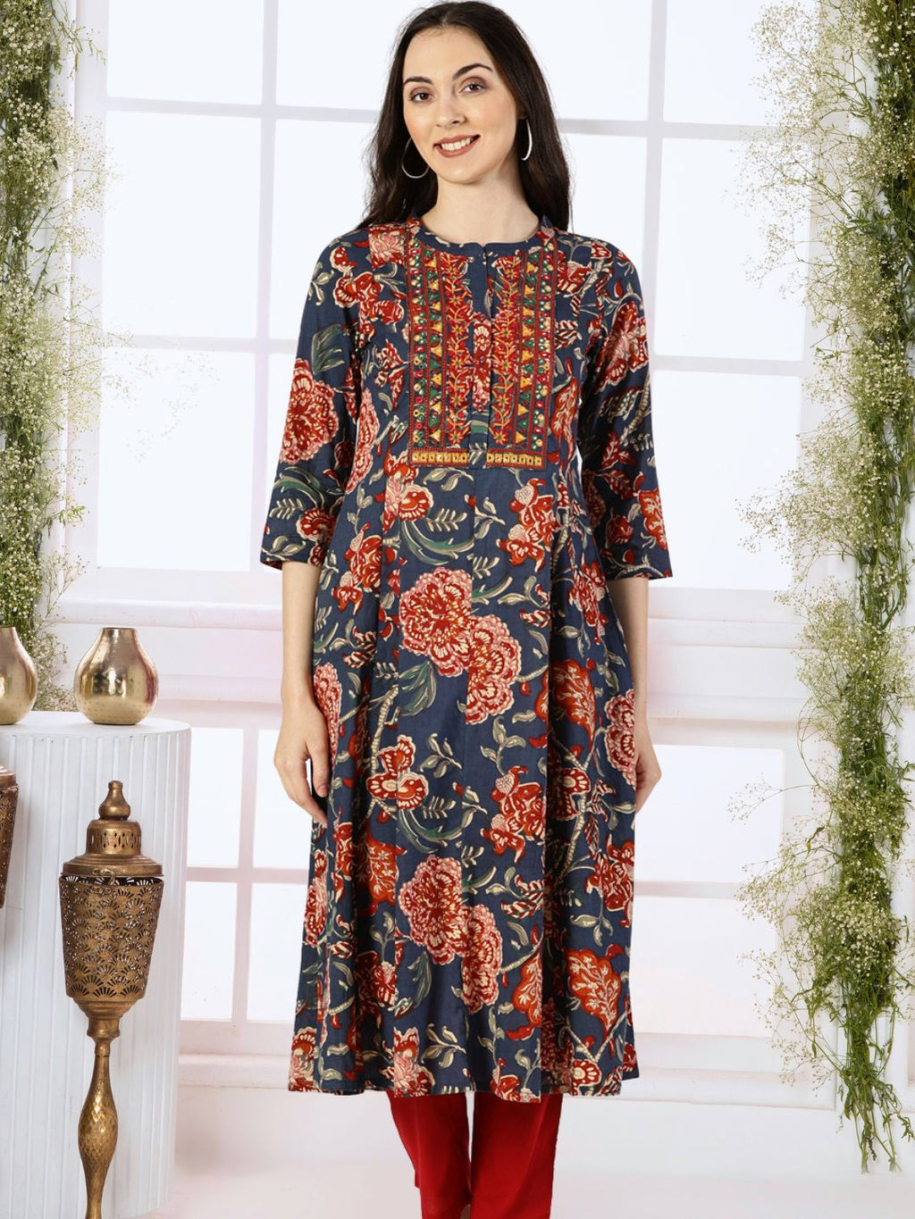 Blue Cotton Printed Kurta with Embroidered Neck and Mirror Work