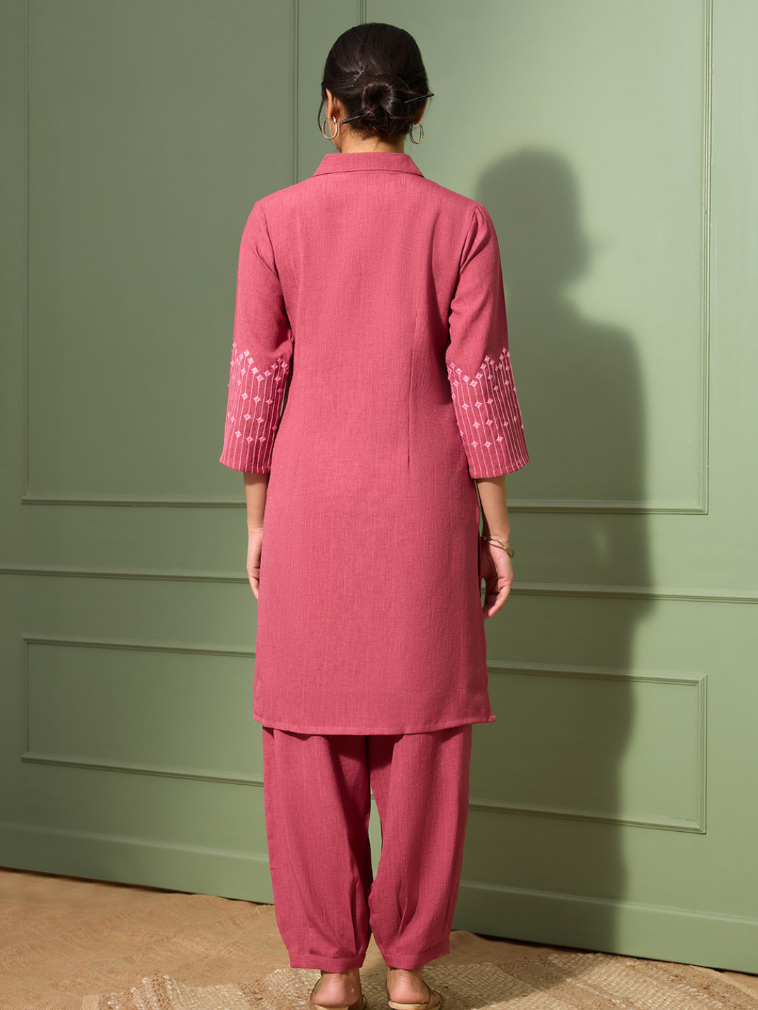 Blush Pink Embroidered Kurta Set with Pleated Pants for Women | Saffron Threads