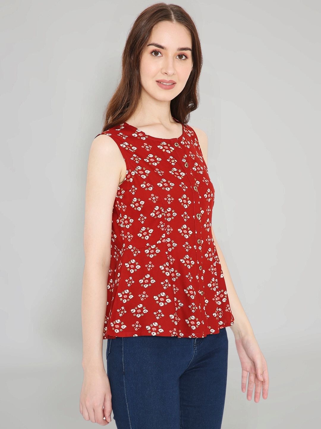 Red Rayon Bandhani Printed A-line Panelled Top