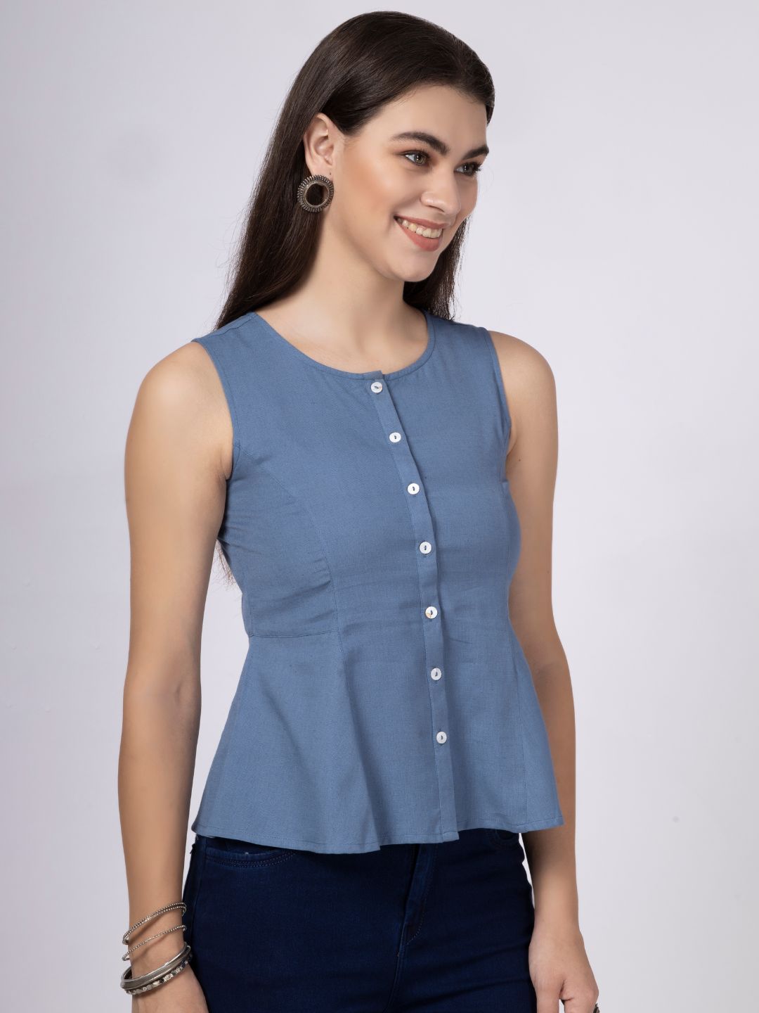 Blue Cotton Flax Panelled A-Line Top with Button-Down Placket