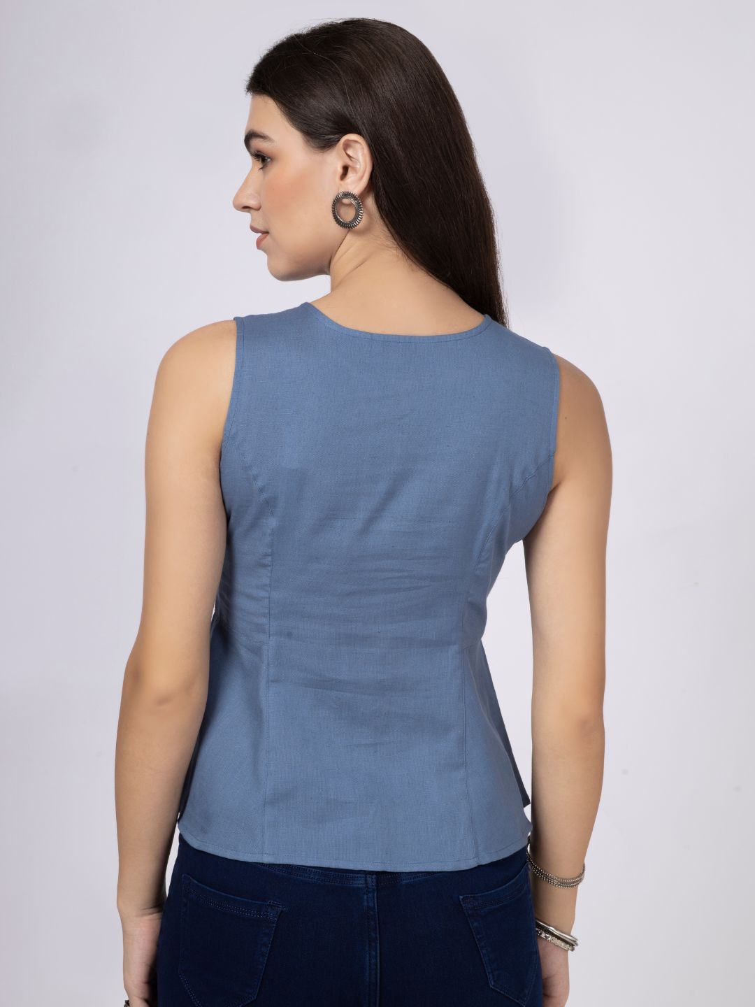 Blue Cotton Flax Panelled A-Line Top with Button-Down Placket