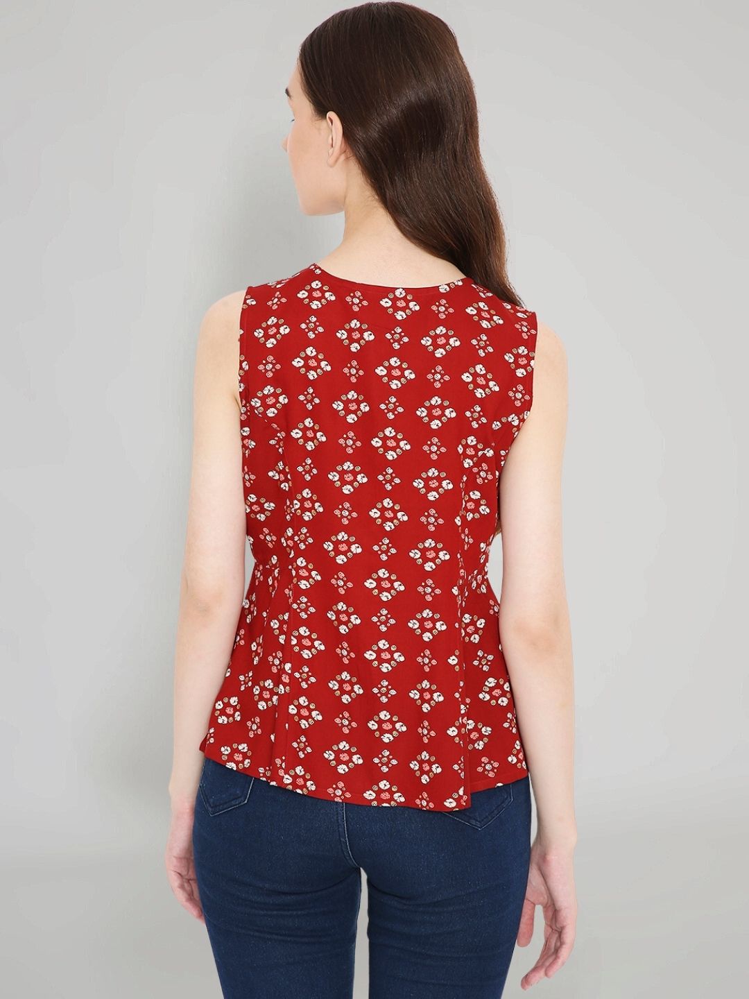 Red Rayon Bandhani Printed A-line Panelled Top