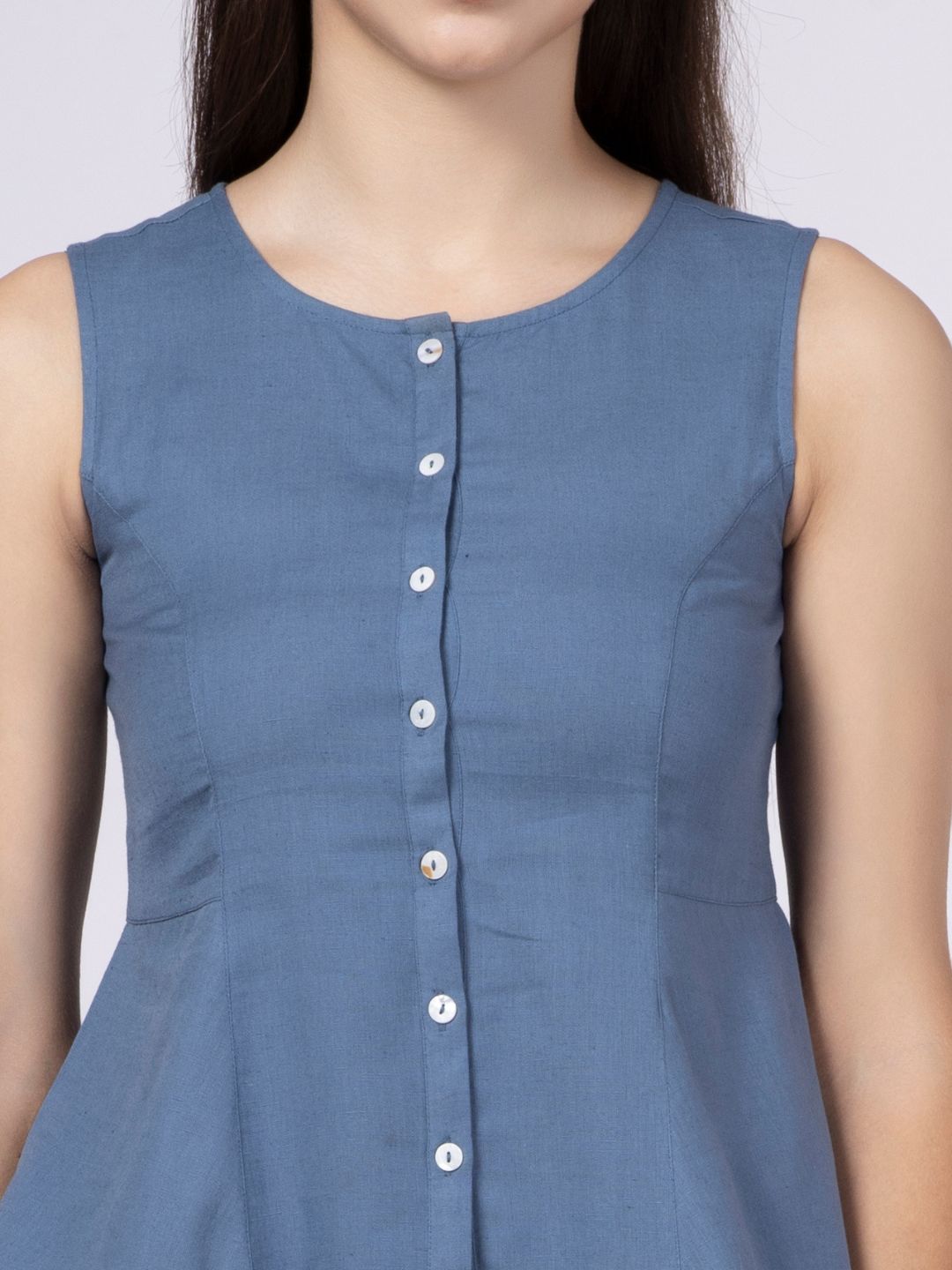 Blue Cotton Flax Panelled A-Line Top with Button-Down Placket