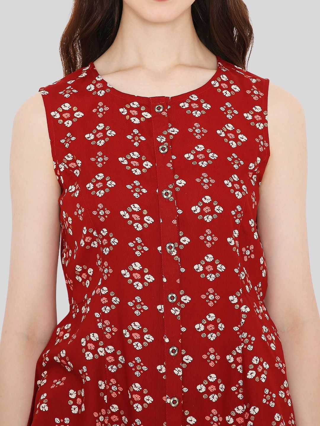 Red Rayon Bandhani Printed A-line Panelled Top