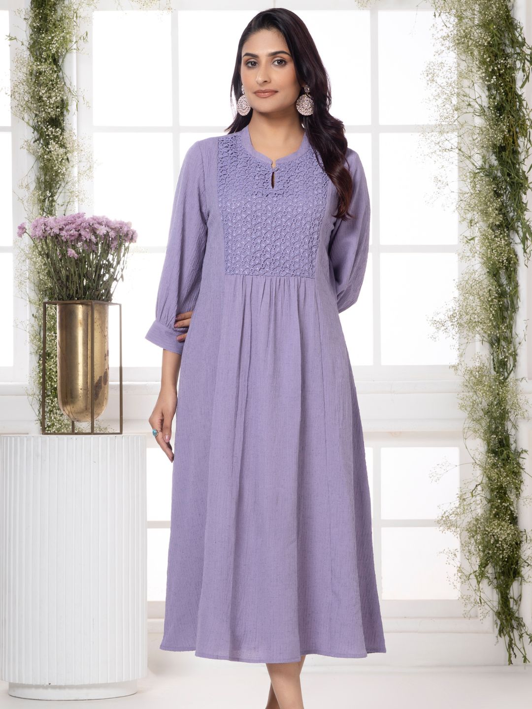 Greek Lavender Cutwork Embroidered Crinkled Dress