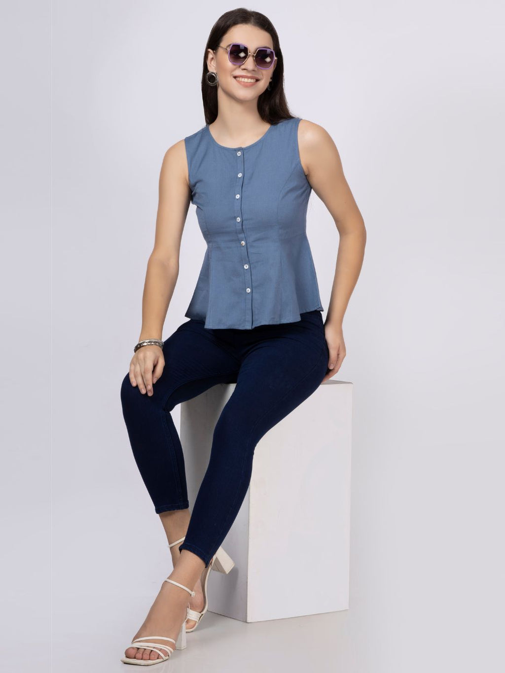 Blue Cotton Flax Panelled A-Line Top with Button-Down Placket