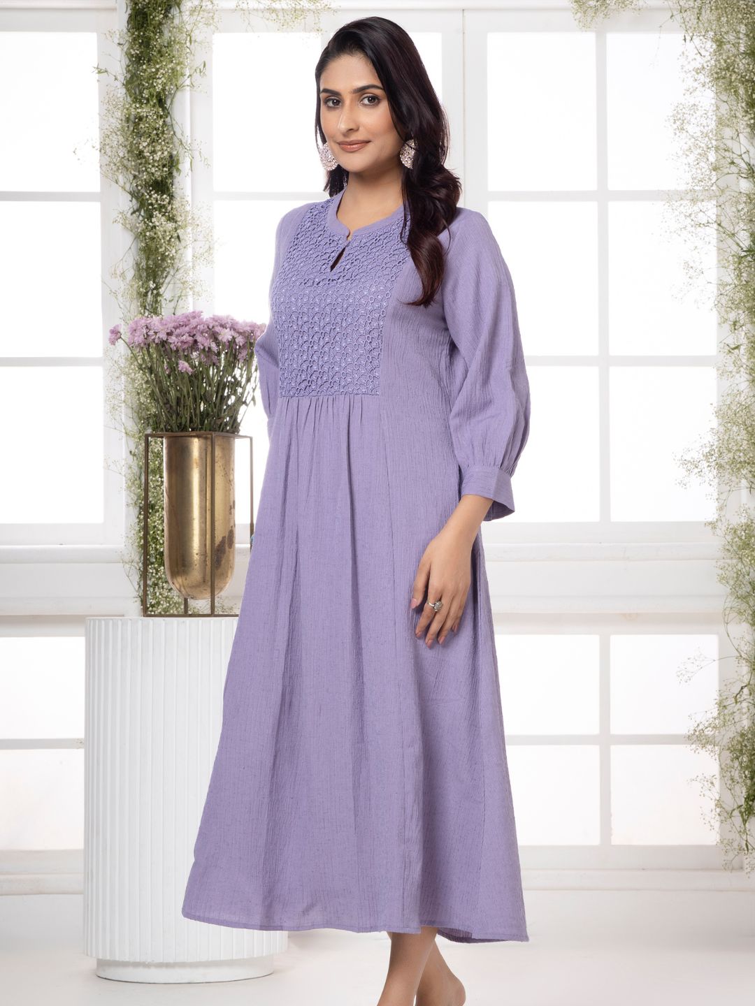 Greek Lavender Cutwork Embroidered Crinkled Dress Saffron Threads Greek Lavender Cutwork Embroidered Crinkled Dress Saffron Threads