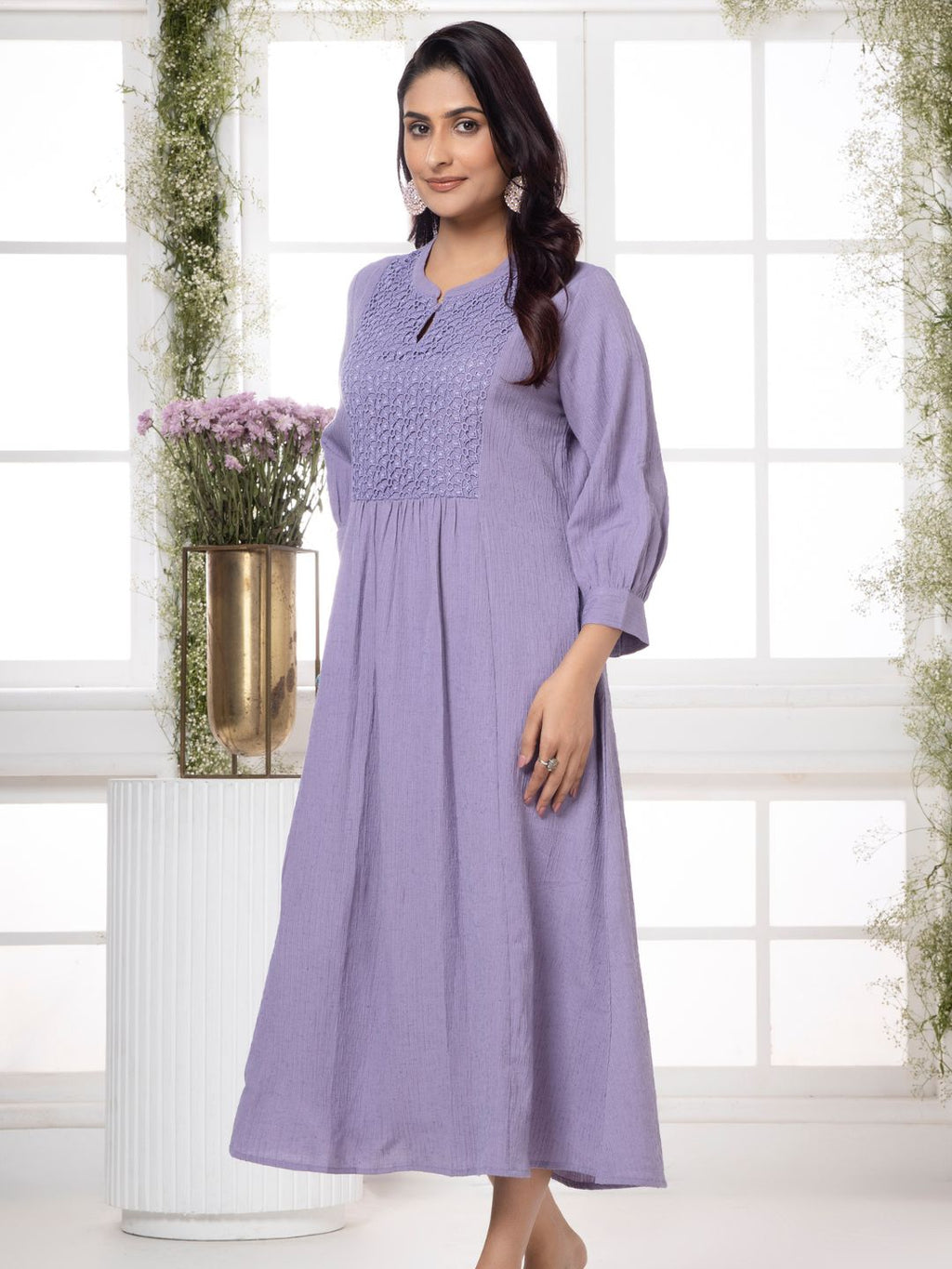 Greek Lavender Cutwork Embroidered Crinkled Dress