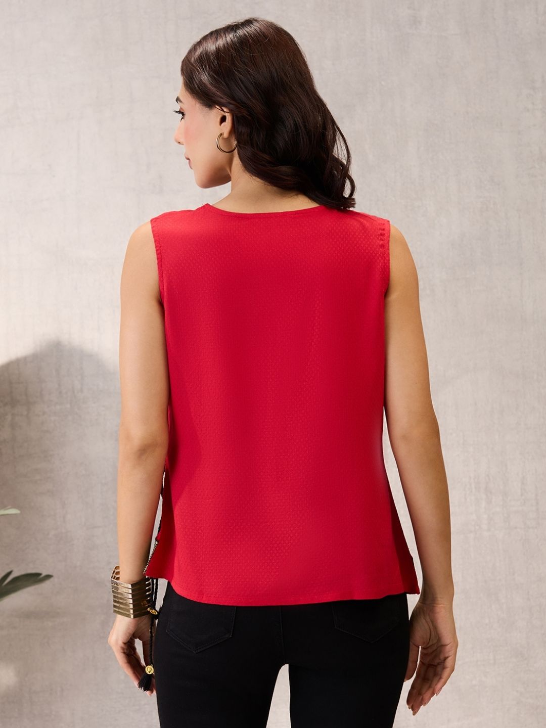 Cherry Red Sleeveless Wrap Top with Geometric Border