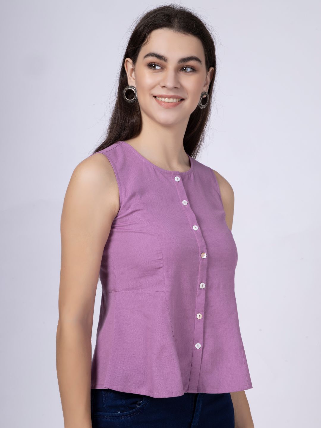 Mauve Cotton Flax Panelled A-Line Top with Button-Down Placket