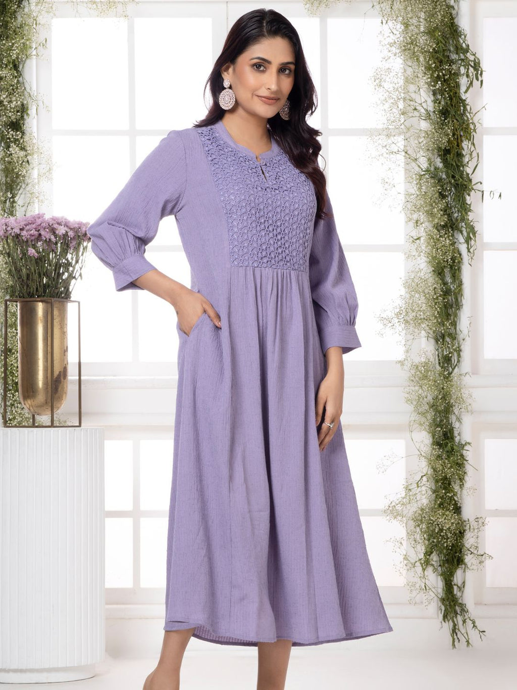 Greek Lavender Cutwork Embroidered Crinkled Dress