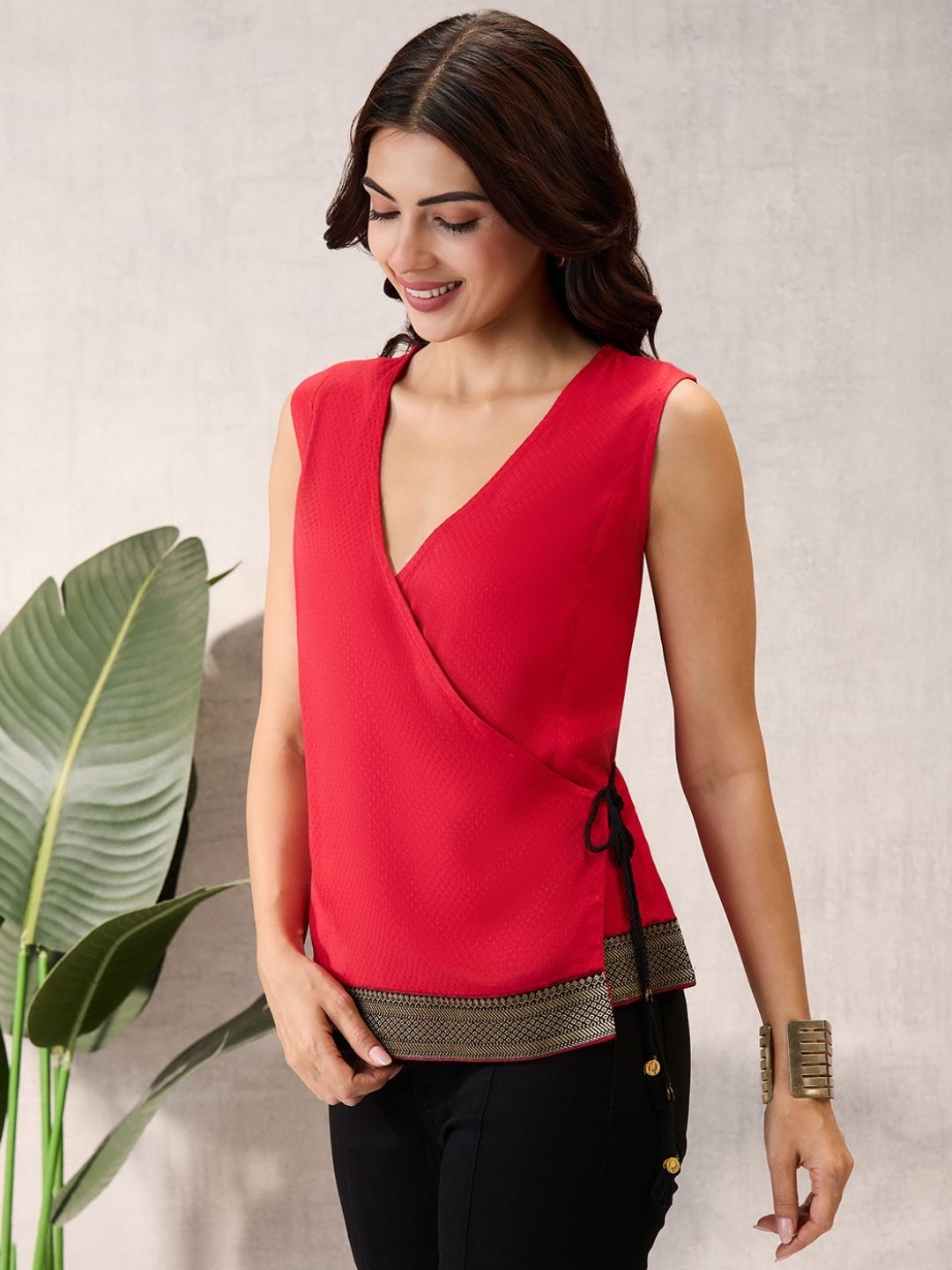 Cherry Red Sleeveless Wrap Top with Geometric Border