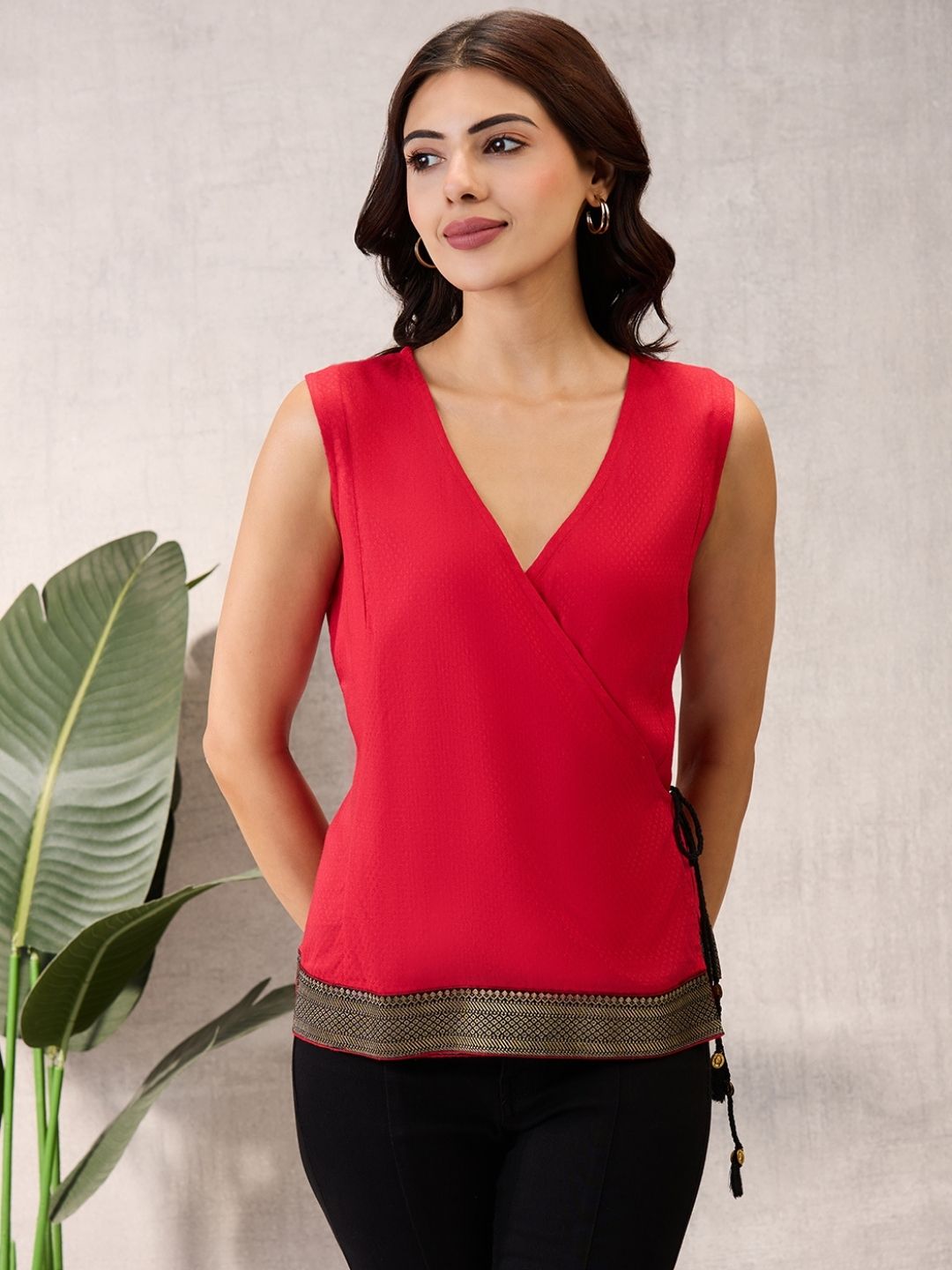 Cherry Red Sleeveless Wrap Top with Geometric Border